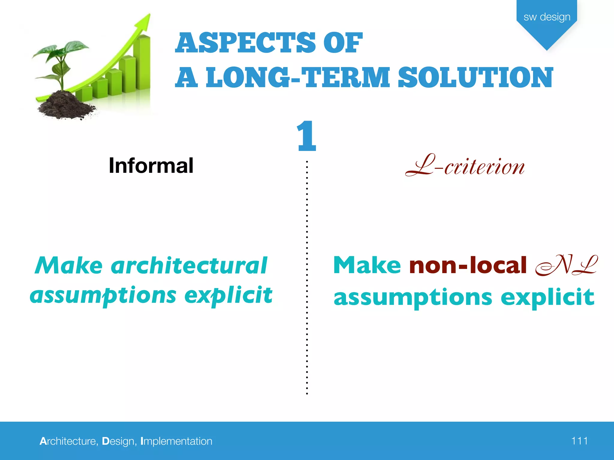 Architecture, Design, Implementation
sw design
111
ASPECTS OF
A LONG-TERM SOLUTION
L-criterionInformal
Make architectural
assumptions explicit
Make non-local NL
assumptions explicit
1
 