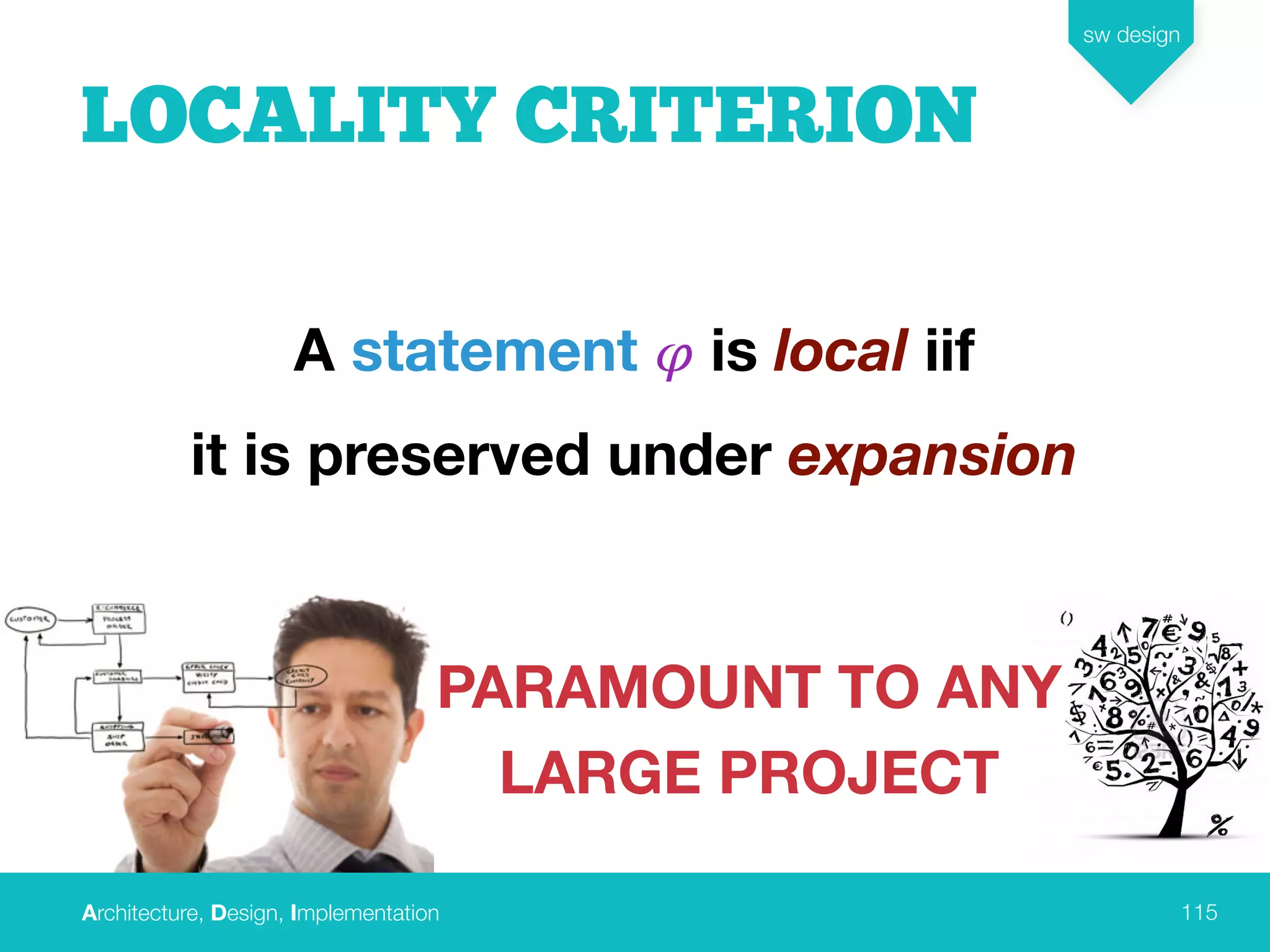 Architecture, Design, Implementation
sw design
115
LOCALITY CRITERION
A statement 𝜑 is local iif
it is preserved under expansion
PARAMOUNT TO ANY
LARGE PROJECT
 