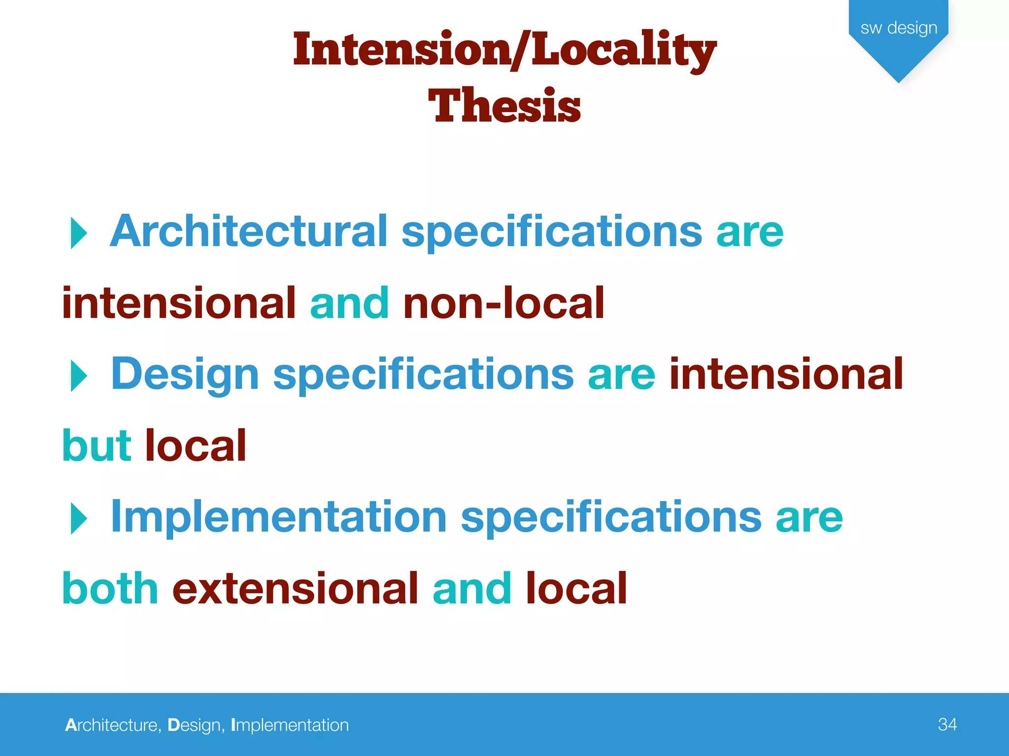 Architecture, Design, Implementation
sw design
34
Intension/Locality
Thesis
‣ Architectural speciﬁcations are
intensional and non-local
‣ Design speciﬁcations are intensional
but local
‣ Implementation speciﬁcations are
both extensional and local
 