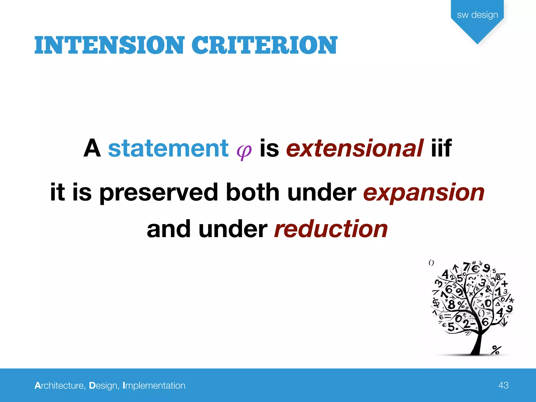 Architecture, Design, Implementation
sw design
43
INTENSION CRITERION
A statement 𝜑 is extensional iif
it is preserved both under expansion
and under reduction
 