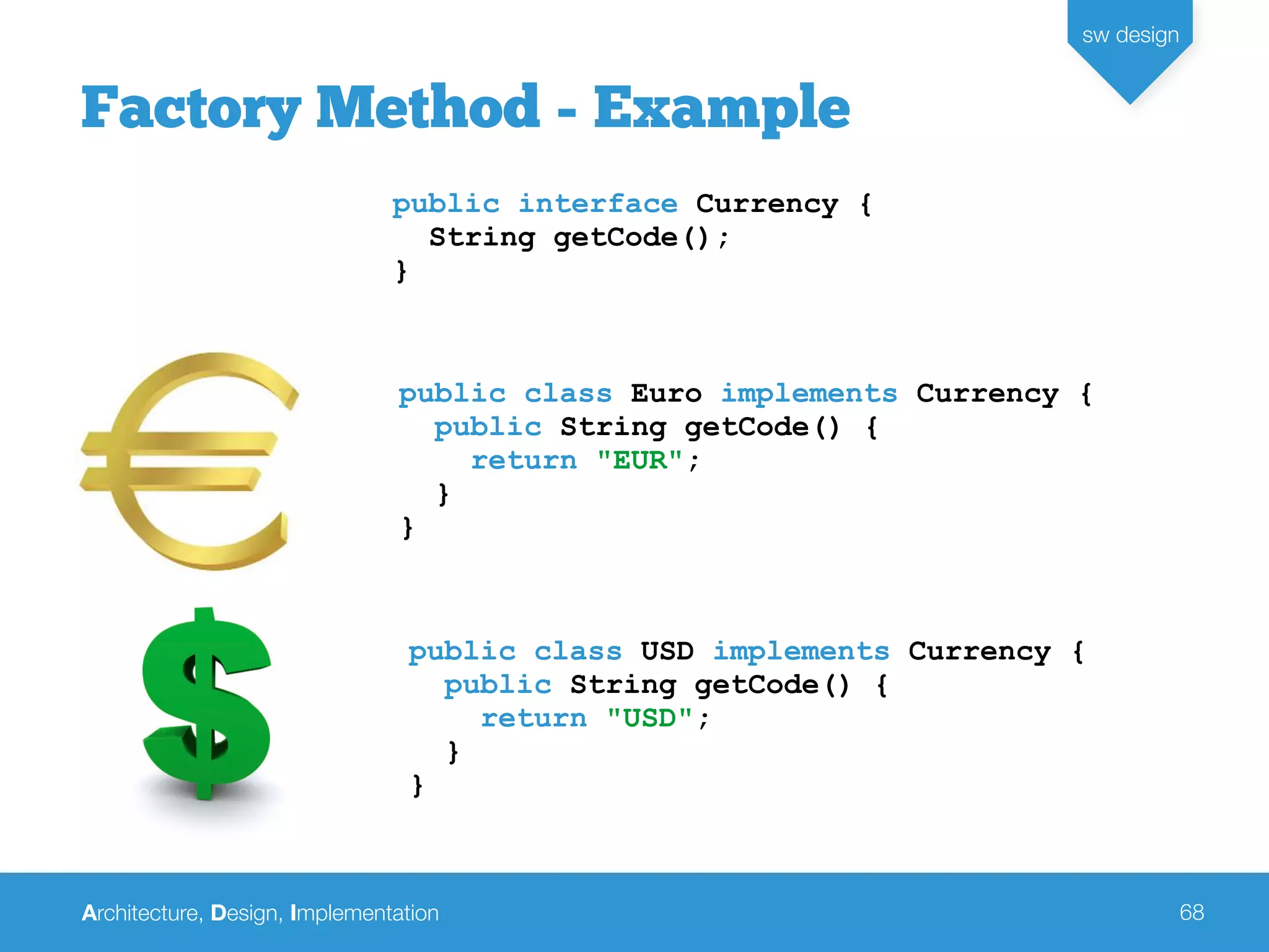 Architecture, Design, Implementation
sw design
68
Factory Method - Example
public interface Currency {
String getCode();
}
public class Euro implements Currency {
public String getCode() {
return "EUR";
}
}
public class USD implements Currency {
public String getCode() {
return "USD";
}
}
 