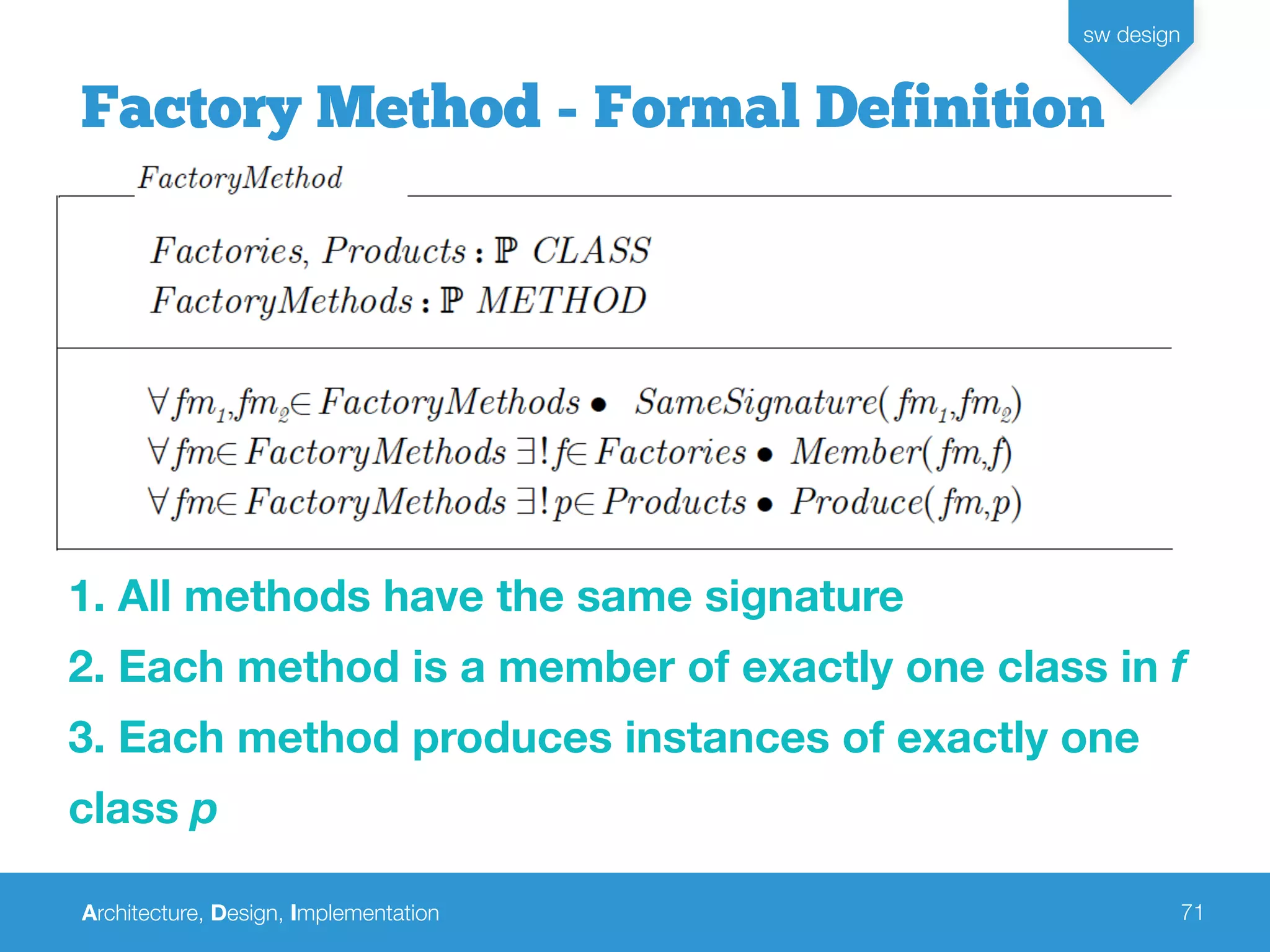 Architecture, Design, Implementation
sw design
71
Factory Method - Formal Definition
1. All methods have the same signature
2. Each method is a member of exactly one class in f
3. Each method produces instances of exactly one
class p
 