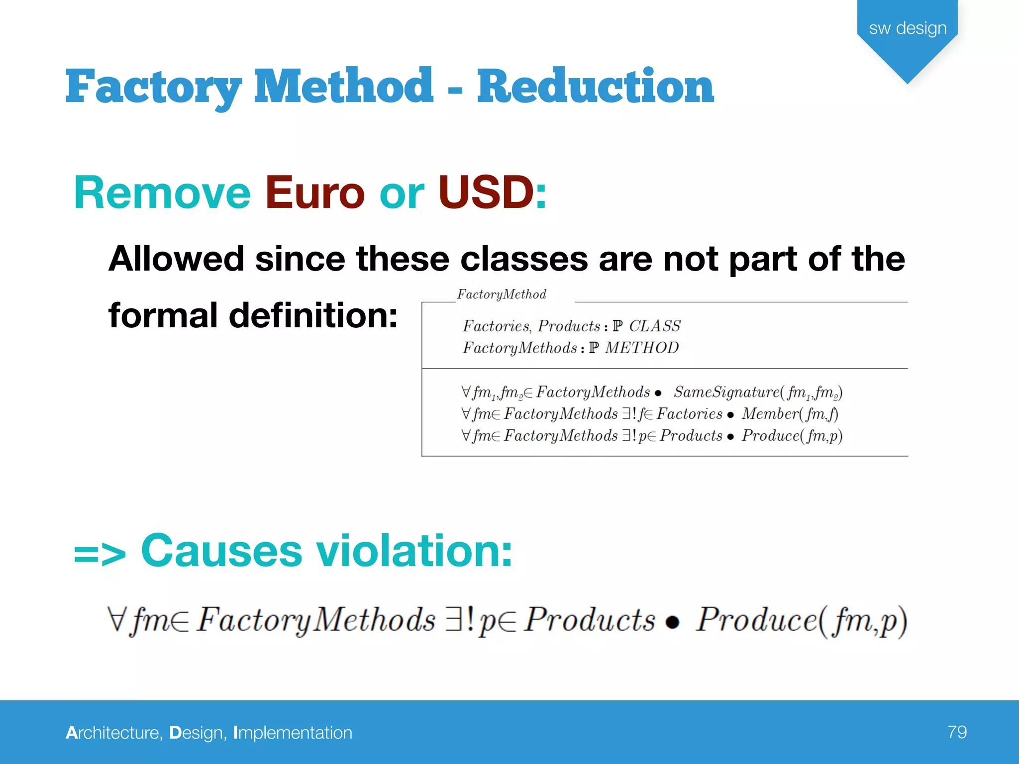 Architecture, Design, Implementation
sw design
79
Factory Method - Reduction
Remove Euro or USD:
Allowed since these classes are not part of the
formal deﬁnition:
=> Causes violation:
 