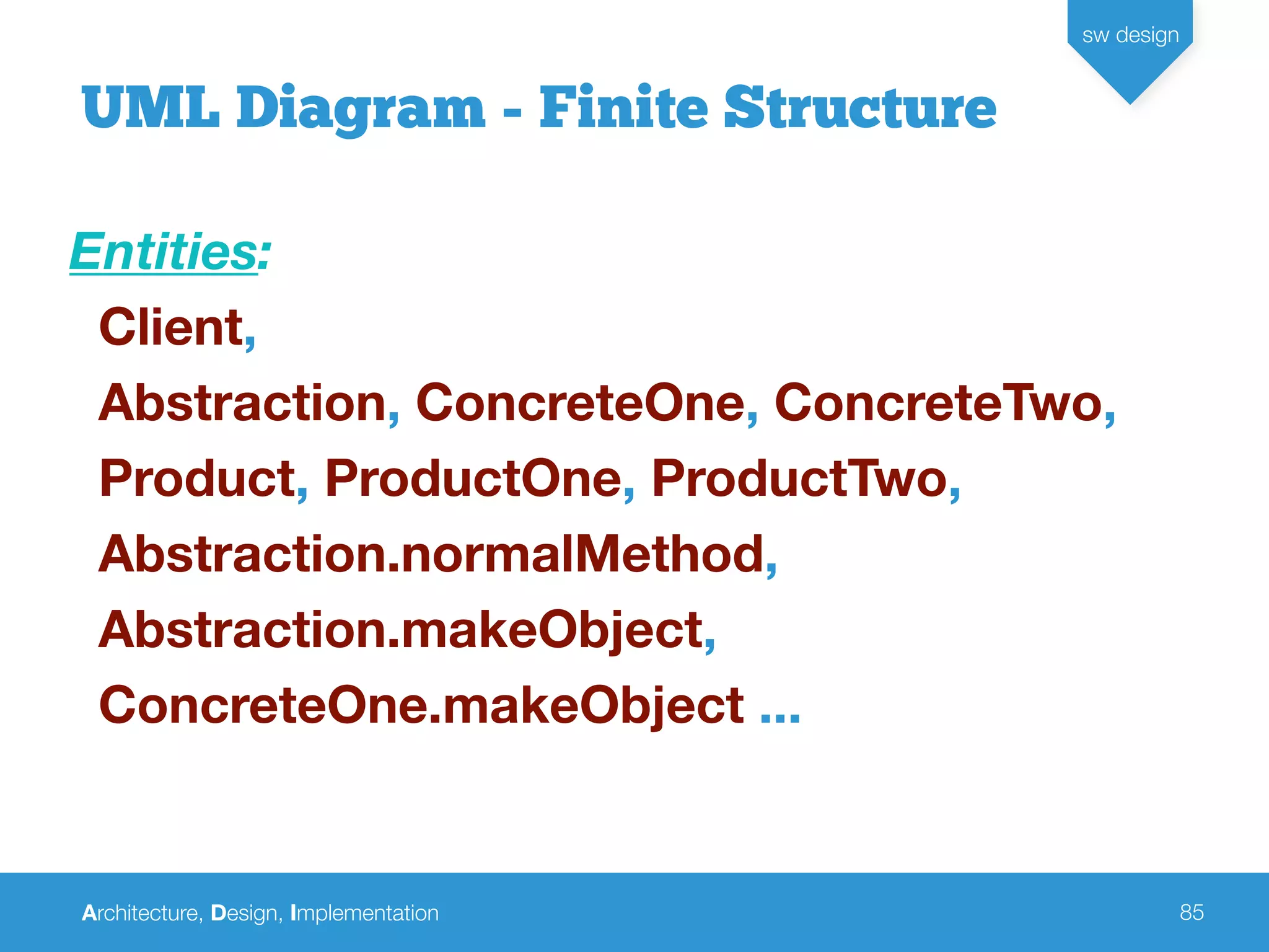Architecture, Design, Implementation
sw design
85
UML Diagram - Finite Structure
Entities:
Client,
Abstraction, ConcreteOne, ConcreteTwo,
Product, ProductOne, ProductTwo,
Abstraction.normalMethod,
Abstraction.makeObject,
ConcreteOne.makeObject ...
 