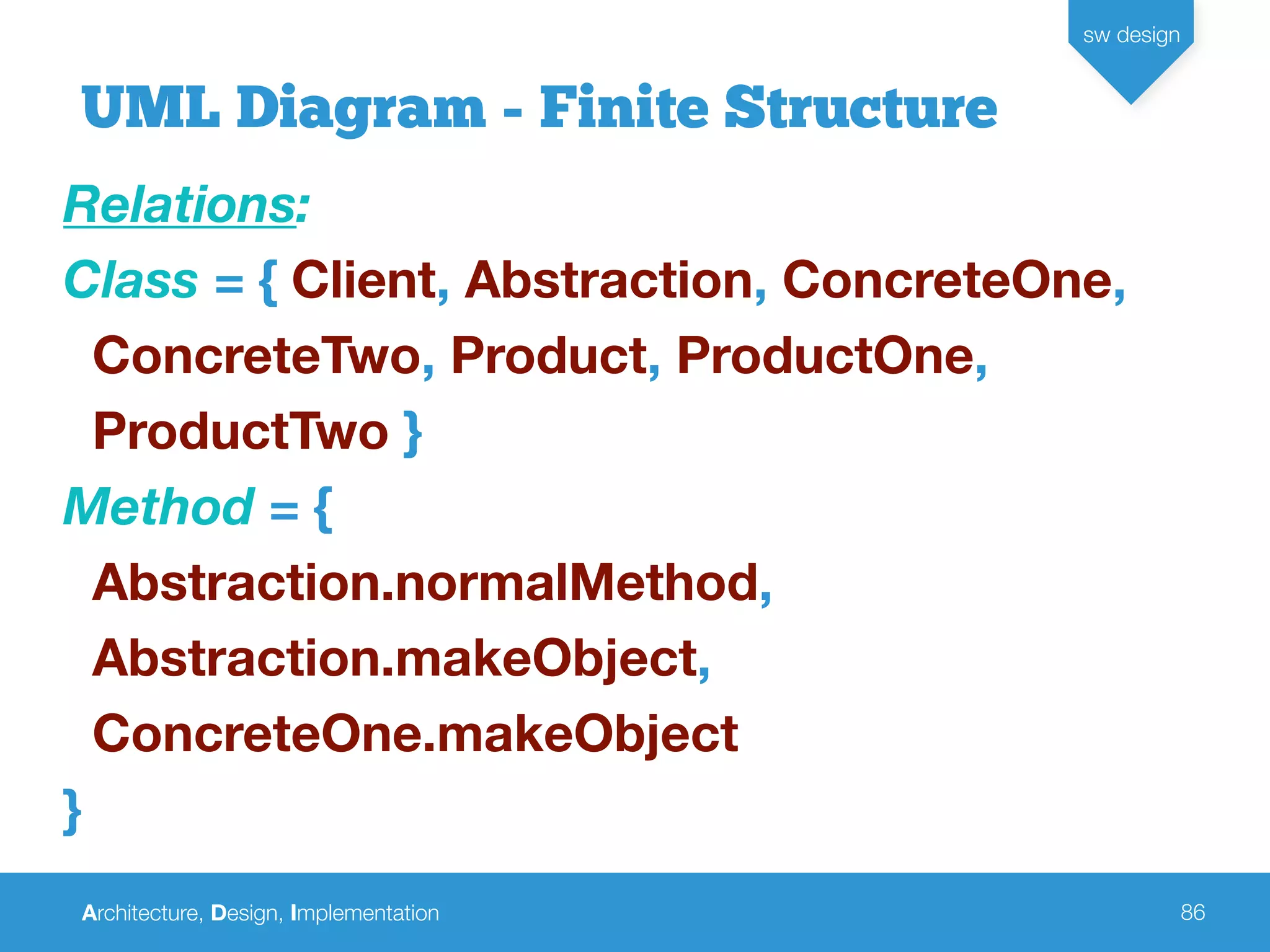 Architecture, Design, Implementation
sw design
86
UML Diagram - Finite Structure
Relations:
Class = { Client, Abstraction, ConcreteOne,
ConcreteTwo, Product, ProductOne,
ProductTwo }
Method = {
Abstraction.normalMethod,
Abstraction.makeObject,
ConcreteOne.makeObject
}
 