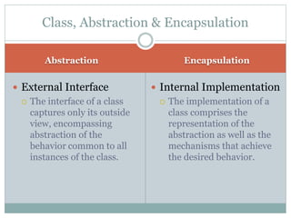 Abstraction Encapsulation
 External Interface
 The interface of a class
captures only its outside
view, encompassing
abstraction of the
behavior common to all
instances of the class.
 Internal Implementation
 The implementation of a
class comprises the
representation of the
abstraction as well as the
mechanisms that achieve
the desired behavior.
Class, Abstraction & Encapsulation
 
