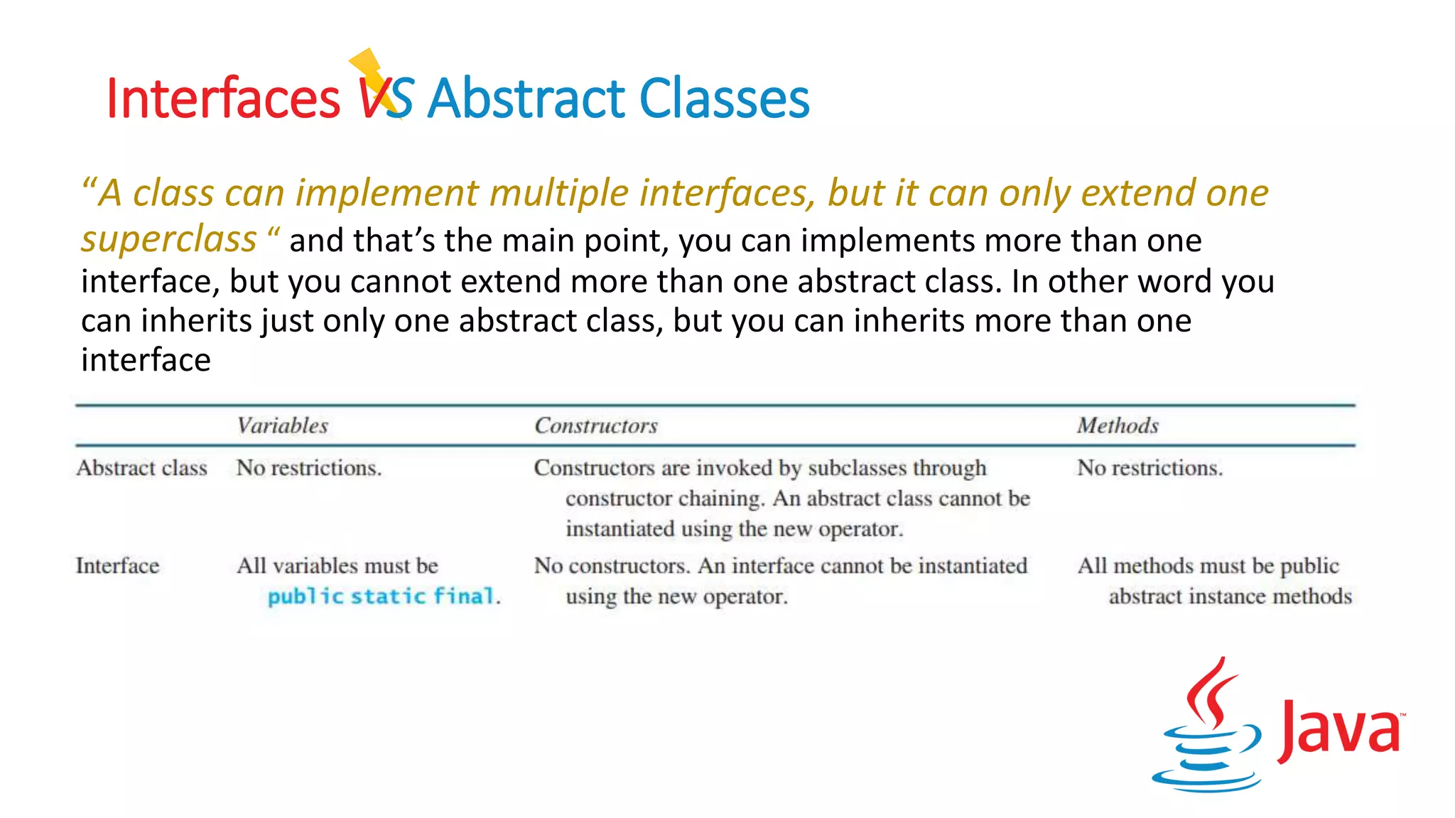 Interfaces VS Abstract Classes
“A class can implement multiple interfaces, but it can only extend one
superclass “ and that’s the main point, you can implements more than one
interface, but you cannot extend more than one abstract class. In other word you
can inherits just only one abstract class, but you can inherits more than one
interface
 