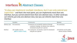 Interfaces VS Abstract Classes
“A class can implement multiple interfaces, but it can only extend one
superclass “ and that’s the main point, you can implements more than one
interface, but you cannot extend more than one abstract class. In other word you
can inherits just only one abstract class, but you can inherits more than one
interface
 