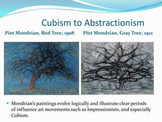 Cubism to Abstractionism
Piet Mondrian, Red Tree, 1908        Piet Mondrian, Gray Tree, 1912




 Mondrian’s paintings evolve logically and illustrate clear periods
  of influence art movements such as Impressionism, and especially
  Cubism.
 
