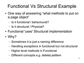 23 
Functional Vs Structural Example 
● One way of answering “what methods to put on 
a page object” 
– Is it functional / behavioural? 
– Is it structural / Physical? 
● Functional 'uses' Structural implementation 
● Why? 
– Sometimes it is just a naming difference 
– Handling exceptions in functional but not structural 
– Higher level methods in Functional 
– Different concepts e.g. deleteLastItem 
 