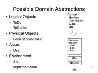 30 
Possible Domain Abstractions 
● Logical Objects 
– ToDo 
– ToDoList 
● Physical Objects 
– LocallyStoredToDo 
● Actors 
– User 
● Environment 
– Site 
– Implementation 
 