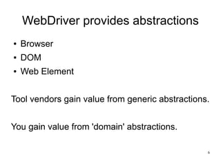 6 
WebDriver provides abstractions 
● Browser 
● DOM 
● Web Element 
Tool vendors gain value from generic abstractions. 
You gain value from 'domain' abstractions. 
 