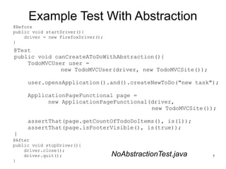 7 
Example Test With Abstraction 
@Before 
public void startDriver(){ 
@Test 
public void canCreateAToDoWithAbstraction(){ 
TodoMVCUser user = 
new TodoMVCUser(driver, new TodoMVCSite()); 
user.opensApplication().and().createNewToDo("new task"); 
ApplicationPageFunctional page = 
new ApplicationPageFunctional(driver, 
new TodoMVCSite()); 
assertThat(page.getCountOfTodoDoItems(), is(1)); 
assertThat(page.isFooterVisible(), is(true)); 
} 
driver = new FirefoxDriver(); 
} 
@After 
public void stopDriver(){ 
driver.close(); 
driver.quit(); 
} 
NoAbstractionTest.java 
 