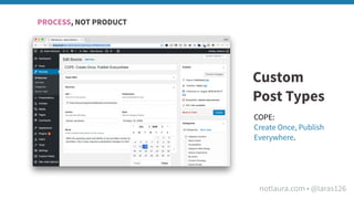 notlaura.com • @laras126
Custom
Post Types
COPE:
Create Once, Publish
Everywhere.
PROCESS, NOT PRODUCT
 
