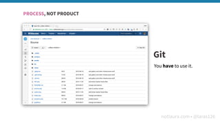 notlaura.com • @laras126
Git
You have to use it.
PROCESS, NOT PRODUCT
 