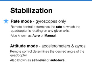 Stabilization
Rate mode - gyroscopes only
Remote control determines the rate at which the
quadcopter is rotating on any given axis.
Also known as Acro or Manual.
Attitude mode - accelerometers & gyros
Remote control determines the desired angle of the
quadcopter.
Also known as self-level or auto-level.
 