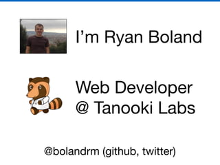 I’m Ryan Boland

Web Developer

@ Tanooki Labs
@bolandrm (github, twitter)
 