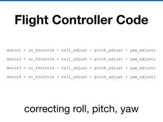 Flight Controller Code
motor1 = rc_throttle - roll_adjust - pitch_adjust - yaw_adjust;
motor2 = rc_throttle + roll_adjust + pitch_adjust - yaw_adjust;
motor3 = rc_throttle - roll_adjust + pitch_adjust + yaw_adjust;
motor4 = rc_throttle + roll_adjust - pitch_adjust + yaw_adjust;
correcting roll, pitch, yaw
 