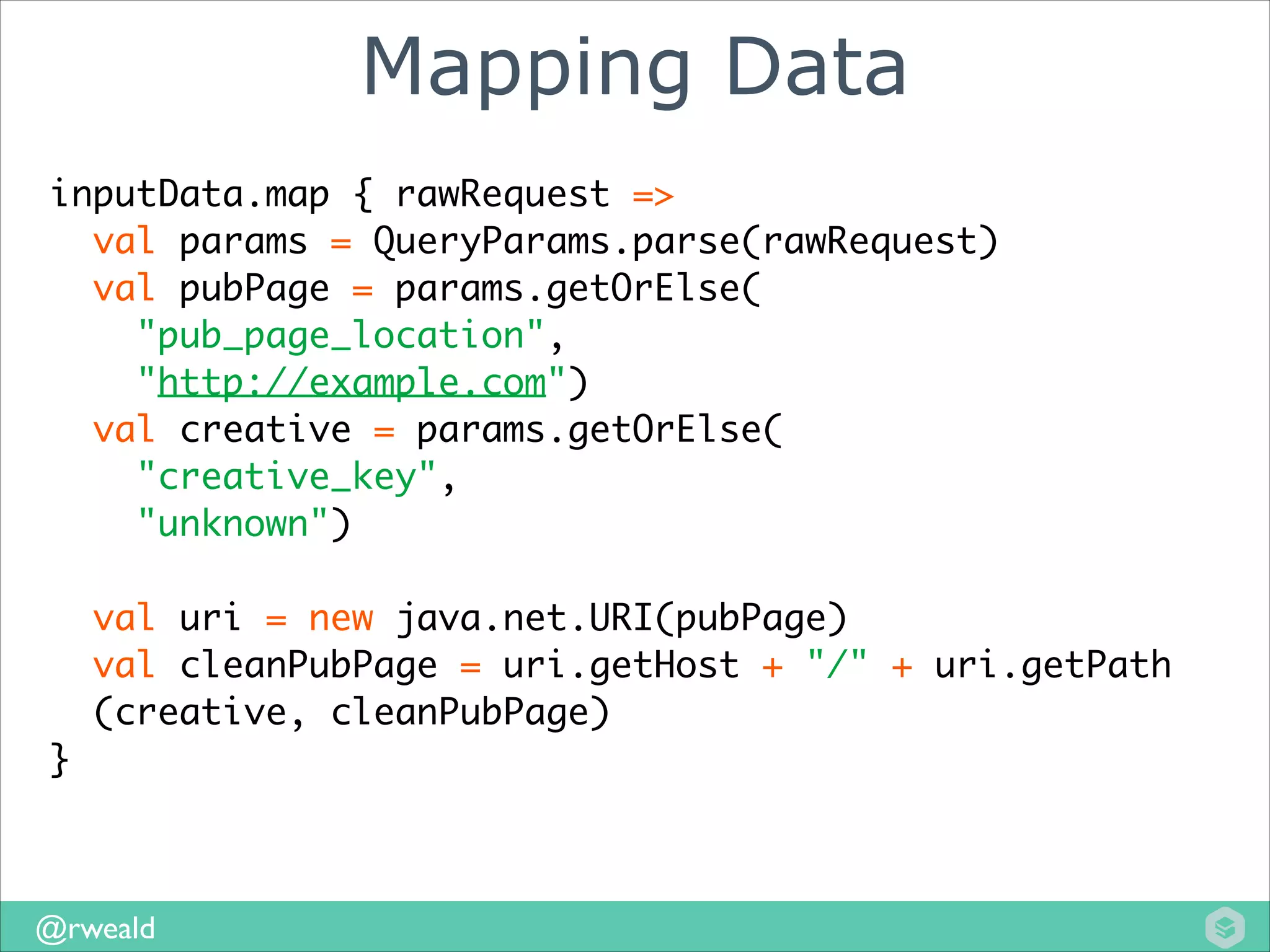 Mapping Data
inputData.map { rawRequest => 	
val params = QueryParams.parse(rawRequest)	
val pubPage = params.getOrElse(	
"pub_page_location", 	
"http://example.com")	
val creative = params.getOrElse(	
"creative_key", 	
"unknown")	
	
val uri = new java.net.URI(pubPage)	
val cleanPubPage = uri.getHost + "/" + uri.getPath	
(creative, cleanPubPage)	
}

@rweald

 