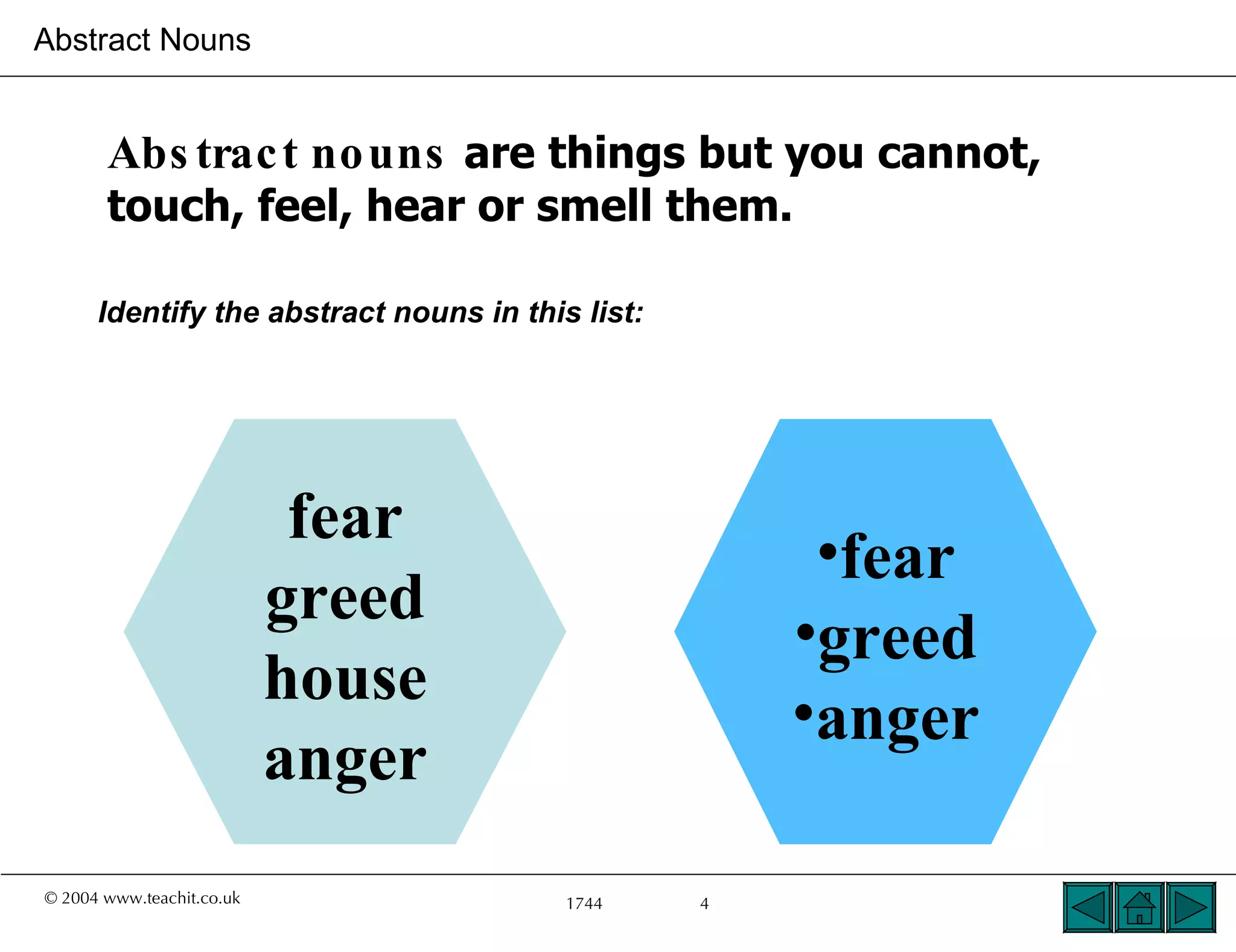 Abstract Nouns


       Abs trac t no uns are things but you cannot,
       touch, feel, hear or smell them.

      Identify the abstract nouns in this list:




                            fear
                                                       •fear
                           greed
                                                      •greed
                           house
                                                      •anger
                           anger
© 2004 www.teachit.co.uk                 1744     4
 