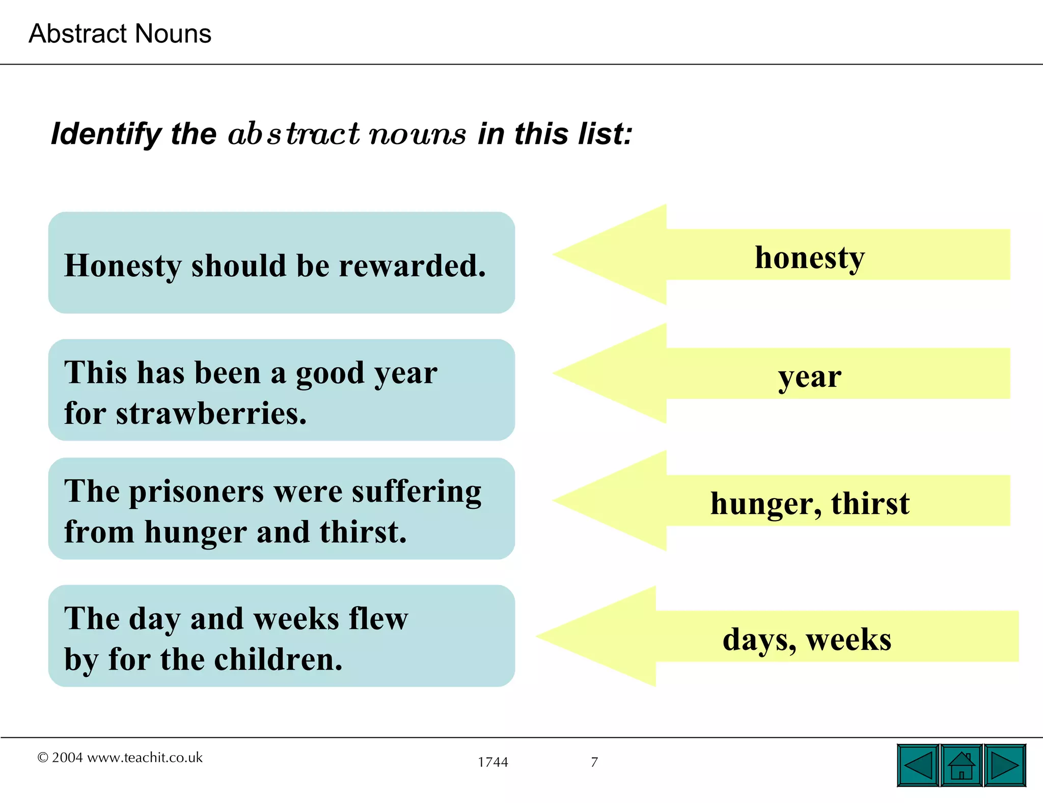 Abstract Nouns


 Identify the abstract nouns in this list:



   Honesty should be rewarded.                  honesty


   This has been a good year                     year
   for strawberries.

   The prisoners were suffering              hunger, thirst
   from hunger and thirst.

   The day and weeks flew
                                             days, weeks
   by for the children.

© 2004 www.teachit.co.uk       1744    7
 