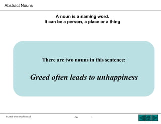Abstract Nouns

                                  A noun is a naming word.
                            It can be a person, a place or a thing




                           There are two nouns in this sentence:


                      Greed often leads to unhappiness



© 2004 www.teachit.co.uk                  1744     2
 