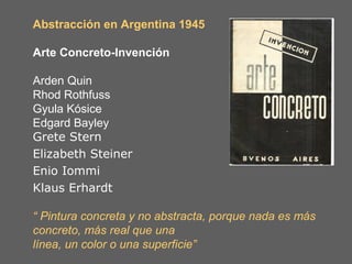 Abstracción en Argentina 1945

Arte Concreto-Invención

Arden Quin
Rhod Rothfuss
Gyula Kósice
Edgard Bayley
Grete Stern
Elizabeth Steiner
Enio Iommi
Klaus Erhardt

“ Pintura concreta y no abstracta, porque nada es más
concreto, más real que una
línea, un color o una superficie”
 
