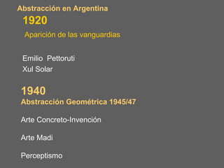 Abstracción en Argentina
 1920
 Aparición de las vanguardias


 Emilio Pettoruti
 Xul Solar


1940
Abstracción Geométrica 1945/47

Arte Concreto-Invención

Arte Madi

Perceptismo
 