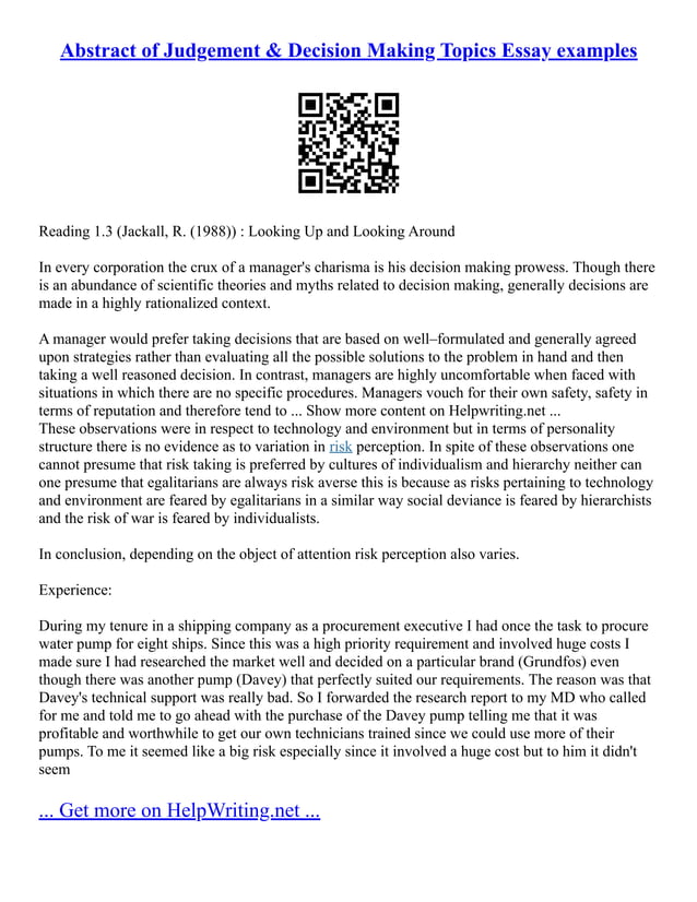 Abstract Of Judgement & Decision Making Topics Essay Examples PDF