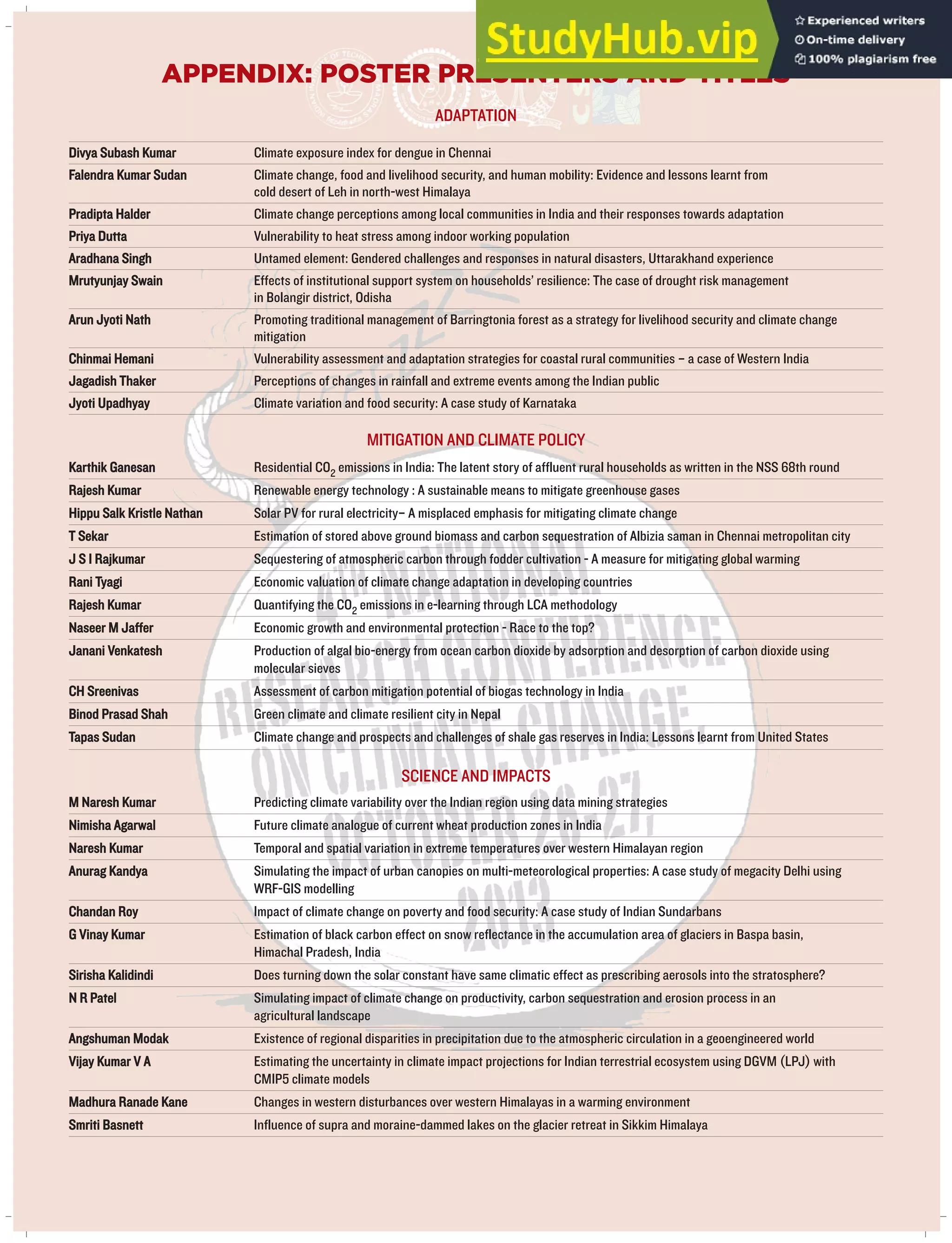 APPENDIX: POSTER PRESENTERS AND TITLES
ADAPTATION
Divya Subash Kumar Climate exposure index for dengue in Chennai
Falendra Kumar Sudan Climate change, food and livelihood security, and human mobility: Evidence and lessons learnt from
cold desert of Leh in north-west Himalaya
Pradipta Halder Climate change perceptions among local communities in India and their responses towards adaptation
Priya Dutta Vulnerability to heat stress among indoor working population
Aradhana Singh Untamed element: Gendered challenges and responses in natural disasters, Uttarakhand experience
Mrutyunjay Swain Effects of institutional support system on households’ resilience: The case of drought risk management
in Bolangir district, Odisha
Arun Jyoti Nath Promoting traditional management of Barringtonia forest as a strategy for livelihood security and climate change
mitigation
Chinmai Hemani Vulnerability assessment and adaptation strategies for coastal rural communities – a case of Western India
Jagadish Thaker Perceptions of changes in rainfall and extreme events among the Indian public
Jyoti Upadhyay Climate variation and food security: A case study of Karnataka
MITIGATION AND CLIMATE POLICY
Karthik Ganesan Residential CO2 emissions in India: The latent story of affluent rural households as written in the NSS 68th round
Rajesh Kumar Renewable energy technology : A sustainable means to mitigate greenhouse gases
Hippu Salk Kristle Nathan Solar PV for rural electricity– A misplaced emphasis for mitigating climate change
T Sekar Estimation of stored above ground biomass and carbon sequestration of Albizia saman in Chennai metropolitan city
J S I Rajkumar Sequestering of atmospheric carbon through fodder cultivation - A measure for mitigating global warming
Rani Tyagi Economic valuation of climate change adaptation in developing countries
Rajesh Kumar Quantifying the CO2 emissions in e-learning through LCA methodology
Naseer M Jaffer Economic growth and environmental protection - Race to the top?
Janani Venkatesh Production of algal bio-energy from ocean carbon dioxide by adsorption and desorption of carbon dioxide using
molecular sieves
CH Sreenivas Assessment of carbon mitigation potential of biogas technology in India
Binod Prasad Shah Green climate and climate resilient city in Nepal
Tapas Sudan Climate change and prospects and challenges of shale gas reserves in India: Lessons learnt from United States
SCIENCE AND IMPACTS
M Naresh Kumar Predicting climate variability over the Indian region using data mining strategies
Nimisha Agarwal Future climate analogue of current wheat production zones in India
Naresh Kumar Temporal and spatial variation in extreme temperatures over western Himalayan region
Anurag Kandya Simulating the impact of urban canopies on multi-meteorological properties: A case study of megacity Delhi using
WRF-GIS modelling
Chandan Roy Impact of climate change on poverty and food security: A case study of Indian Sundarbans
G Vinay Kumar Estimation of black carbon effect on snow reflectance in the accumulation area of glaciers in Baspa basin,
Himachal Pradesh, India
Sirisha Kalidindi Does turning down the solar constant have same climatic effect as prescribing aerosols into the stratosphere?
N R Patel Simulating impact of climate change on productivity, carbon sequestration and erosion process in an
agricultural landscape
Angshuman Modak Existence of regional disparities in precipitation due to the atmospheric circulation in a geoengineered world
Vijay Kumar V A Estimating the uncertainty in climate impact projections for Indian terrestrial ecosystem using DGVM (LPJ) with
CMIP5 climate models
Madhura Ranade Kane Changes in western disturbances over western Himalayas in a warming environment
Smriti Basnett Influence of supra and moraine-dammed lakes on the glacier retreat in Sikkim Himalaya
 