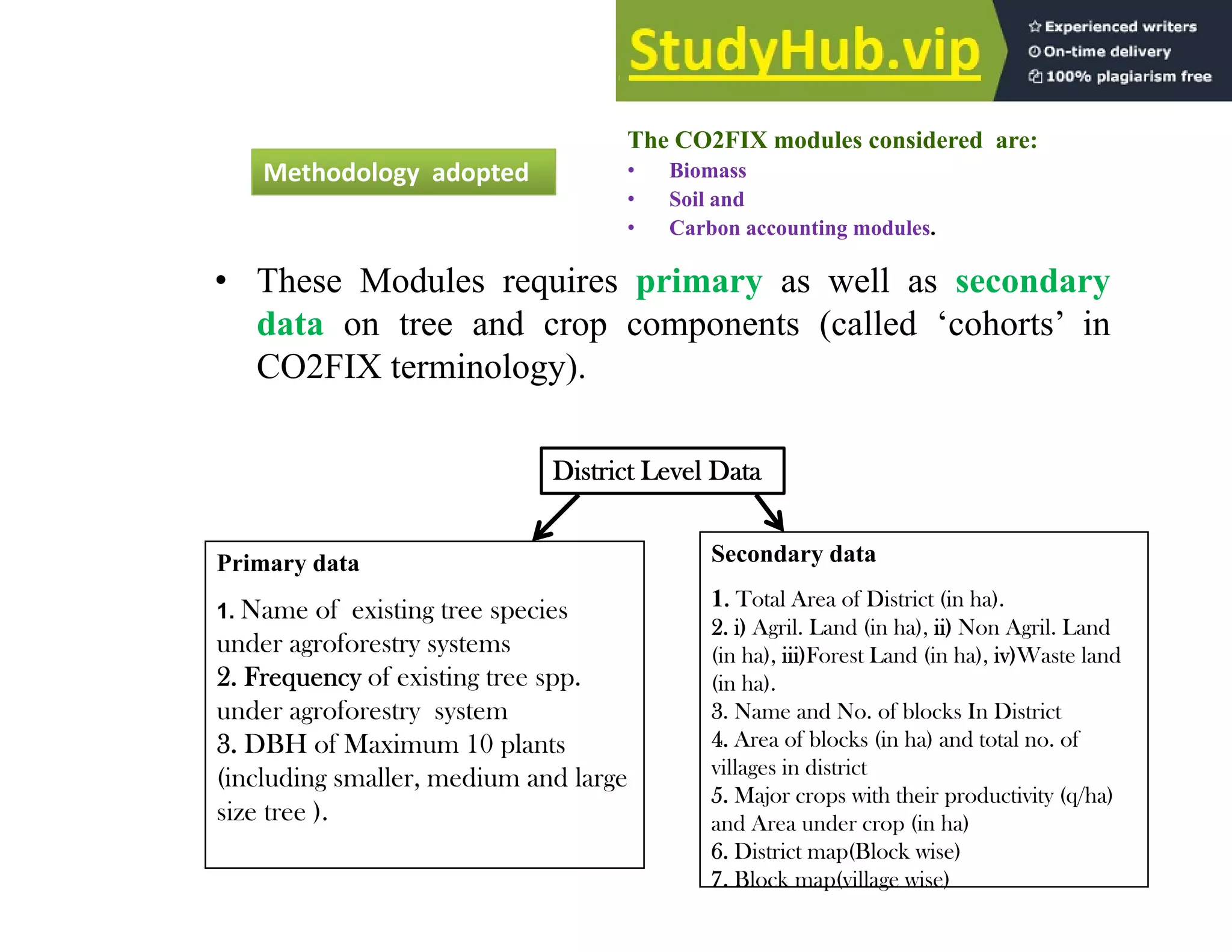 The CO2FIX modules considered are:
• Biomass
Methodology adopted
• These Modules requires primary as well as secondary
Biomass
• Soil and
• Carbon accounting modules.
Methodology adopted
q p y y
data on tree and crop components (called ‘cohorts’ in
CO2FIX terminology).
District Level Data
Primary data
1. Name of existing tree species
under agroforestry systems
Secondary data
1. Total Area of District (in ha).
2. i) Agril. Land (in ha), ii) Non Agril. Land
(in ha) iii)Forest Land (in ha) iv)Waste land
g y y
2. Frequency of existing tree spp.
under agroforestry system
3. DBH of Maximum 10 plants
(including smaller medium and large
(in ha), iii)Forest Land (in ha), iv)Waste land
(in ha).
3. Name and No. of blocks In District
4. Area of blocks (in ha) and total no. of
villages in district
7
(including smaller, medium and large
size tree ).
g
5. Major crops with their productivity (q/ha)
and Area under crop (in ha)
6. District map(Block wise)
7. Block map(village wise)
 
