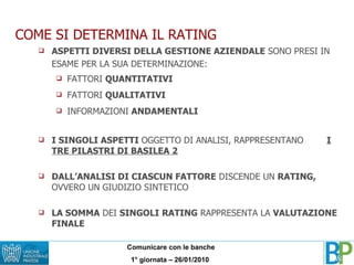 ASPETTI DIVERSI DELLA GESTIONE AZIENDALE  SONO PRESI IN ESAME PER LA SUA DETERMINAZIONE: FATTORI  QUANTITATIVI FATTORI  QUALITATIVI INFORMAZIONI  ANDAMENTALI I SINGOLI ASPETTI  OGGETTO DI ANALISI, RAPPRESENTANO   I TRE PILASTRI DI BASILEA 2 DALL’ANALISI DI CIASCUN FATTORE  DISCENDE UN  RATING,  OVVERO UN GIUDIZIO SINTETICO LA SOMMA  DEI  SINGOLI   RATING  RAPPRESENTA LA  VALUTAZIONE FINALE COME SI DETERMINA IL RATING 