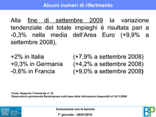 Alcuni numeri di riferimento Alla  fine di settembre 2009  la variazione tendenziale del totale impieghi è risultata pari a -0,3% nella media dell’Area Euro (+9,9% a settembre 2008),  +2% in Italia  (+7,9% a settembre 2008)  +0,3% in Germania (+4,2% a settembre 2008) -0,6% in Francia  (+9,0% a settembre 2008 ) Fonte: Rapporto Trimestrale n° 23 Osservatorio permanente Bankimprese sulla base delle informazioni disponibili al 16/11/2009 