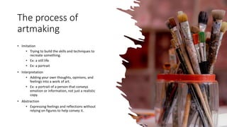 The process of
artmaking
• Imitation
• Trying to build the skills and techniques to
recreate something.
• Ex: a still life
• Ex: a portrait
• Interpretation
• Adding your own thoughts, opinions, and
feelings into a work of art.
• Ex: a portrait of a person that conveys
emotion or information, not just a realistic
copy.
• Abstraction
• Expressing feelings and reflections without
relying on figures to help convey it.
 
