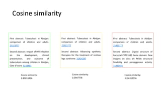 Cosine similarity
FIrst abstract: Tubeculosis in Abidjan:
comparison of children and adults.
25323777
Second abstract: Impact of HIV infection
on the development, clinical
presentation, and outcome of
tuberculosis among children in Abidjan,
Côte d'Ivoire. 9233463
FIrst abstract: Tubeculosis in Abidjan:
comparison of children and adults.
25323777
Second abstract: Advancing synthetic
therapies for the treatment of restless
legs syndrome. 31424287
Cosine similarity:
0.89011306
Cosine similarity:
0.3947778
FIrst abstract: Tubeculosis in Abidjan:
comparison of children and adults.
25323777
Second abstract: Crystal structure of
bacterial CYP116B5 heme domain: New
insights on class VII P450s structural
flexibility and peroxygenase activity.
31430491
Cosine similarity:
-0.36352736
 