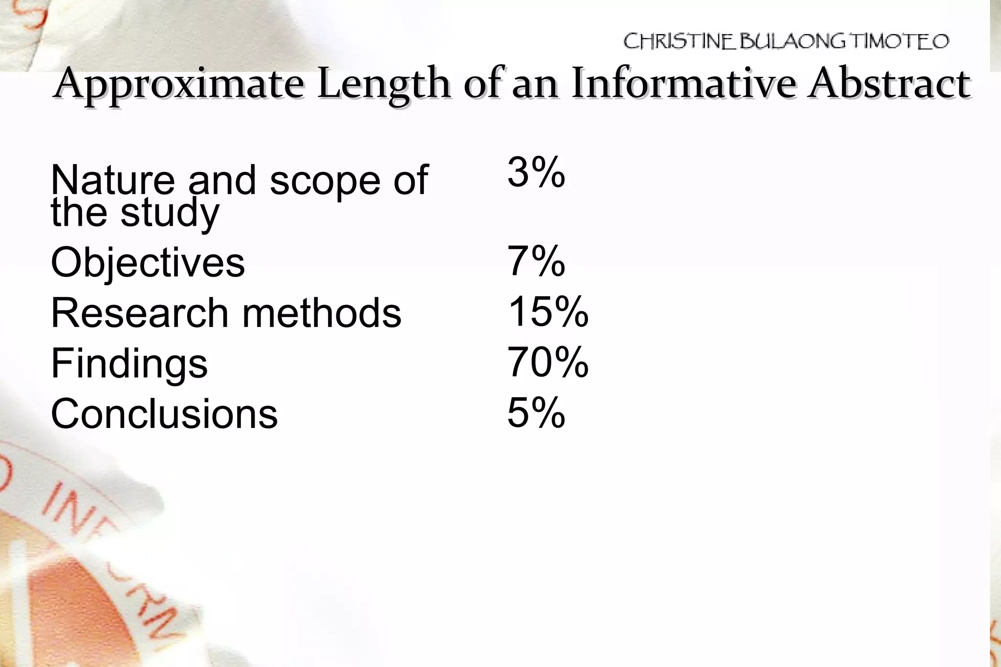 Approximate Length of an Informative Abstract Nature and scope of the study Objectives Research methods Findings Conclusions 3% 7% 15% 70% 5% 
