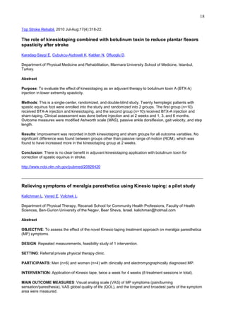 18
Top Stroke Rehabil. 2010 Jul-Aug;17(4):318-22.

The role of kinesiotaping combined with botulinum toxin to reduce plantar flexors
spasticity after stroke
Karadag-Saygi E, Cubukcu-Aydoseli K, Kablan N, Ofluoglu D.
Department of Physical Medicine and Rehabilitation, Marmara University School of Medicine, Istanbul,
Turkey.
Abstract
Purpose: To evaluate the effect of kinesiotaping as an adjuvant therapy to botulinum toxin A (BTX-A)
injection in lower extremity spasticity.
Methods: This is a single-center, randomized, and double-blind study. Twenty hemiplegic patients with
spastic equinus foot were enrolled into the study and randomized into 2 groups. The first group (n=10)
received BTX-A injection and kinesiotaping, and the second group (n=10) received BTX-A injection and
sham-taping. Clinical assessment was done before injection and at 2 weeks and 1, 3, and 6 months.
Outcome measures were modified Ashworth scale (MAS), passive ankle dorsiflexion, gait velocity, and step
length.
Results: Improvement was recorded in both kinesiotaping and sham groups for all outcome variables. No
significant difference was found between groups other than passive range of motion (ROM), which was
found to have increased more in the kinesiotaping group at 2 weeks.
Conclusion: There is no clear benefit in adjuvant kinesiotaping application with botulinum toxin for
correction of spastic equinus in stroke.
http://www.ncbi.nlm.nih.gov/pubmed/20826420
______________________________________________________________________________________

Relieving symptoms of meralgia paresthetica using Kinesio taping: a pilot study
Kalichman L, Vered E, Volchek L.
Department of Physical Therapy, Recanati School for Community Health Professions, Faculty of Health
Sciences, Ben-Gurion University of the Negev, Beer Sheva, Israel. kalichman@hotmail.com
Abstract
OBJECTIVE: To assess the effect of the novel Kinesio taping treatment approach on meralgia paresthetica
(MP) symptoms.
DESIGN: Repeated measurements, feasibility study of 1 intervention.
SETTING: Referral private physical therapy clinic.
PARTICIPANTS: Men (n=6) and women (n=4) with clinically and electromyographically diagnosed MP.
INTERVENTION: Application of Kinesio tape, twice a week for 4 weeks (8 treatment sessions in total).
MAIN OUTCOME MEASURES: Visual analog scale (VAS) of MP symptoms (pain/burning
sensation/paresthesia), VAS global quality of life (QOL), and the longest and broadest parts of the symptom
area were measured.

 