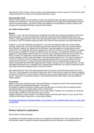 2
approximate of 30% increase. And the anterior and medial scalenus muscle measured 16.7cm/s (B-4), which
is approximately 20% increase of the peripheral blood flow volume.
Pectoralis Minor (B-3)
Based on these results, the most effective muscle, the pectoralis major was taped to measure the volume
change of the radial artery. This same procedure was applied to the muscles that affected different arteries
used for the other subjects, and Kinesio Taping was applied to the most effective muscle to measure the
changes of the peripheral blood flow volume for each arteries.
Ant. & Med. Scalenus (B-4)
Results
Subject # 1, was a 38 year old female who complained of constant pain, tingling and swelling in both of her
upper extremities. The volume of blood flow at the right radial artery before applying Kinesio Tape was
13.2cm/s. After applying Kinesio Tape to the right pectoralis major(C-1), the volume of blood flow increased
to 33.6cm/s. A 60.7% increase change was seen in the volume of the blood flow to the right radial artery.
Subject # 4, a 24-year-old female and subject # 5, a 72-year-old male both suffer from chronic patella
tendinitis. Subject # 8, an 87 year old female has deformans osteoarthritis in the knee. All three subjects
have difficulty in walking. For subjects #4 and #5 Kinesio Tape was applied to the right gastrocnemius
muscle (C-2). For subject #4, the volume changed from 14.9cm/s to 20.9cm/s a 28.7% increase. For subject
#5, the volume changed from 38.8cm/s to 46.8cm/s a 20.6% increase. For subject #8, Kinesio Tape was
applied to his right popliteus fossa muscle (C-3), and the volume changed from 29.2cm/s to 46.2cm/s, for a
58.2% increase. For subject #9, a 55-year-old male who suffers with hypertension and complains of a
constant headache, Kinesio Tape was applied to the sternocleidomastoid (C-4). The volume changed from
13.3cm/s to 19.9cm/s a 45.8% increase at the superficial temporal artery. As one can observe from the
results from the chart (D-1), subjects that suffer with disorders have an extremely high increase in their
volume of peripheral blood flow after applying Kinesio Taping. Though as seen in subjects like #2, a 24 year
old healthy female that has no complaints of any existing physical disorders, the volume of blood flow at the
right radial artery before applying Kinesio Tape was 25.5cm/s.
After applying Kinesio Tape to the right pectoralis major, the volume of blood flow decreases to 24.1cm/s.
There is a -5.4% decrease in the volume of blood flow, which means there are hardly any relative changes in
the volume of blood flow. The same type of results are seen in every healthy patient, such as subject #3, #6,
and #7. There were no significant changes in the peripheral blood flow after Kinesio Tape was applied to
healthy subjects
Conclusions
Based on the results, applying Kinesio Tape was effective in changing the volume of the peripheral blood
flow for subjects that had physical disorders. The result of
this research suggests that Kinesio Taping causes the alternation of the blood flow. By applying Kinesio
Taping techniques, an immediate effect is seen sincethe blood
flow has been changed immediately (within 10 min.) after taping. Probably more importantly, the result that
we were able to gather from this study was that, since the
Doppler indicated no major changes in the healthy subject’s blood flow after taping, we can say with some
confidence that Kinesio Taping has no major adverse effects.
http://www.sportmedicine.ru/articles/changes_in_the_volume_of_the_peripheral_blood_flow_by_using_kines
io_taping.htm
______________________________________________________________________________________

Kinesio Taping for Lymphedema
By the Kinesio Taping Association
Lymphedema is basically caused by a back up or congestion of lymphatic fluid. This is caused either when
the lymphatic system is unable to transport large proteins and other molecules to be reabsorbed by the

 