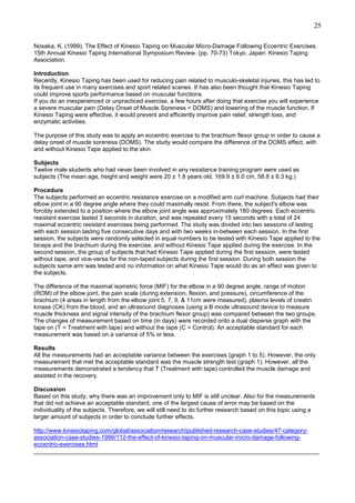 25
Nosaka, K. (1999). The Effect of Kinesio Taping on Muscular Micro-Damage Following Eccentric Exercises.
15th Annual Kinesio Taping International Symposium Review. (pp. 70-73) Tokyo, Japan: Kinesio Taping
Association.
Introduction
Recently, Kinesio Taping has been used for reducing pain related to musculo-skeletal injuries, this has led to
its frequent use in many exercises and sport related scenes. It has also been thought that Kinesio Taping
could improve sports performance based on muscular functions.
If you do an inexperienced or unpracticed exercise, a few hours after doing that exercise you will experience
a severe muscular pain (Delay Onset of Muscle Soreness = DOMS) and lowering of the muscle function. If
Kinesio Taping were effective, it would prevent and efficiently improve pain relief, strength loss, and
enzymatic activities.
The purpose of this study was to apply an eccentric exercise to the brachium flexor group in order to cause a
delay onset of muscle soreness (DOMS). The study would compare the difference of the DOMS effect, with
and without Kinesio Tape applied to the skin.
Subjects
Twelve male students who had never been involved in any resistance training program were used as
subjects (The mean age, height and weight were 20 ± 1.8 years old, 169.9 ± 6.0 cm, 58.8 ± 6.3 kg.)
Procedure
The subjects performed an eccentric resistance exercise on a modified arm curl machine. Subjects had their
elbow joint in a 90 degree angle where they could maximally resist. From there, the subject's elbow was
forcibly extended to a position where the elbow joint angle was approximately 180 degrees. Each eccentric
resistant exercise lasted 3 seconds in duration, and was repeated every 15 seconds with a total of 24
maximal eccentric resistant exercises being performed. The study was divided into two sessions of testing
with each session lasting five consecutive days and with two weeks in-between each session. In the first
session, the subjects were randomly selected in equal numbers to be tested with Kinesio Tape applied to the
biceps and the brachium during the exercise, and without Kinesio Tape applied during the exercise. In the
second session, the group of subjects that had Kinesio Tape applied during the first session, were tested
without tape, and vice-versa for the non-taped subjects during the first session. During both session the
subjects same arm was tested and no information on what Kinesio Tape would do as an effect was given to
the subjects.
The difference of the maximal isometric force (MIF) for the elbow in a 90 degree angle, range of motion
(ROM) of the elbow joint, the pain scale (during extension, flexion, and pressure), circumference of the
brachium (4 areas in length from the elbow joint 5, 7, 9, & 11cm were measured), plasma levels of creatin
kinase (CK) from the blood, and an ultrasound diagnoses (using a B mode ultrasound device to measure
muscle thickness and signal intensity of the brachium flexor group) was compared between the two groups.
The changes of measurement based on time (in days) were recorded onto a dual disperse graph with the
tape on (T = Treatment with tape) and without the tape (C = Control). An acceptable standard for each
measurement was based on a variance of 5% or less.
Results
All the measurements had an acceptable variance between the exercises (graph 1 to 5). However, the only
measurement that met the acceptable standard was the muscle strength test (graph 1). However, all the
measurements demonstrated a tendency that T (Treatment with tape) controlled the muscle damage and
assisted in the recovery.
Discussion
Based on this study, why there was an improvement only to MIF is still unclear. Also for the measurements
that did not achieve an acceptable standard, one of the largest cause of error may be based on the
individuality of the subjects. Therefore, we will still need to do further research based on this topic using a
larger amount of subjects in order to conclude further effects.
http://www.kinesiotaping.com/global/association/research/published-research-case-studies/47-categoryassociation-case-studies-1999/112-the-effect-of-kinesio-taping-on-muscular-micro-damage-followingeccentric-exercises.html
______________________________________________________________________________________

 