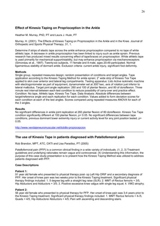 26

Effect of Kinesio Taping on Proprioception in the Ankle
Heather M. Murray, PhD, PT and Laura J. Husk, PT
Murray, H. (2001). The Effects of Kinesio Taping on Proprioception in the Ankle and in the Knee. Journal of
Orthopedic and Sports Physical Therapy, 31, 1.
Determine if strips of elastic tape across the ankle enhance proprioception compared to no tape of white
athletic tape. A decrease in ankle proprioception has been linked to injury such as ankle sprain. Previous
research has produced mixed results concerning effect of tape/braces on proprioception. White athletic tape
is used primarily for mechanical support/stability, but may enhance proprioception via mechanoreceptors
(Simoneau et al., 1997). Twenty-six subjects, 11 female and 8 male, ages 20-49 participated. Normal
ligamentous stability of dormant ankle. Exclusion criteria: current ankle injury, significant foot deformity.
Methods
Single group, repeated measures design; random presentation of conditions and target angles. Tape
application according to the Kinesio Taping Method for ankle sprain; 2” wide strip of Kinesio Tex Tape
applied to skin over anterior and lateral leg compartments. Testing apparatus: Lido Active isokinetic machine
with electrogoniometer as part of equipment, dynamometer set at 300°/sec, axis of rotation just inferior to
lateral mallcolus. Target joint angle replication: 260 and 100 of plantar flexion, and 80 of dorsiflexion. Three
minute rest interval between each test condition to reduce possibility of carry-over and practice effect.
Condition: No tape, Athletic tape, Kinesio Tex Tape. Data Analysis: Absolute differences between
target/reference angle and each replication for each condition. Values added to form deviation scores for
each condition at each of the test angles. Scores compared using repeated measures ANOVA for each of
the 3 angles.
Results
No significant differences in ankle joint replication at 260 plantar flexion of 80 dorsiflexion. Kinesio Tex Tape
condition significantly different at 100 plantar flexion, p< 0.05. No significant differences between tape
conditions, previous dominant lower extremity injury or current activity level for any joint position tested, p>
0.05.
http://www.vendajeneuromuscular.net/tobillo-propiocepcion
______________________________________________________________________________________

The use of Kinesio Tape in patients diagnosed with Patellofemoral pain
Rob Brandon, MPT, ATC, CKTI and Lisa Paradiso, PT (2005)
Patellofemoral pain (PFP) is a common clinical finding in a wide variety of individuals. (1, 2, 3) Treatment
guidelines and underlying rationales remain vague and controversial. (4) Understanding this information, the
purpose of this case study presentation is to present how the Kinesio Taping Method was utilized to address
patients diagnosed with PFP.
Case Descriptions
Patient 1:
91 year old female who presented to physical therapy post- op Left Hip ORIF and a secondary diagnosis of
PFP. Her onset of knee pain was two weeks prior to the Kinesio Taping treatment. Significant physical
therapy findings included: 1. 5 degree lag with a straight leg raise (SLR); 2. MMT of Rectus femoris = 3/5,
Hip Abductors and Adductors = 3/5; 3. Positive excessive knee valgus with single leg squat; 4. VMO atrophy.
Patient 2:
56 year old female who presented to physical therapy for PFP. Her onset of knee pain was 3-4 years prior to
the Kinesio Taping treatment. Significant physical therapy findings included: 1. MMT Rectus femoris = 4-/5,
Quads = 4/5, Hip Adductors/ Abductors = 4/5; Pain with ascending and descending stairs.

 