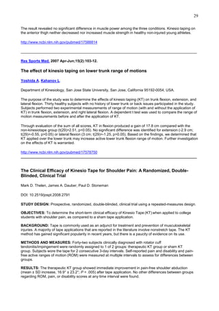 29
The result revealed no significant difference in muscle power among the three conditions. Kinesio taping on
the anterior thigh neither decreased nor increased muscle strength in healthy non-injured young athletes.
http://www.ncbi.nlm.nih.gov/pubmed/17588814
______________________________________________________________________________________
Res Sports Med. 2007 Apr-Jun;15(2):103-12.

The effect of kinesio taping on lower trunk range of motions
Yoshida A, Kahanov L.
Department of Kinesiology, San Jose State University, San Jose, California 95192-0054, USA.
The purpose of the study was to determine the effects of kinesio taping (KT) on trunk flexion, extension, and
lateral flexion. Thirty healthy subjects with no history of lower trunk or back issues participated in the study.
Subjects performed two experimental measurements of range of motion (with and without the application of
KT) in trunk flexion, extension, and right lateral flexion. A dependent t test was used to compare the range of
motion measurements before and after the application of KT.
Through evaluation of the sum of all scores, KT in flexion produced a gain of 17.8 cm compared with the
non-kinesiotape group (t(29)=2.51, p<0.05). No significant difference was identified for extension (-2.9 cm;
t(29)=-0.55, p>0.05) or lateral flexion (3 cm; t(29)=-1.25, p>0.05). Based on the findings, we determined that
KT applied over the lower trunk may increase active lower trunk flexion range of motion. Further investigation
on the effects of KT is warranted.
http://www.ncbi.nlm.nih.gov/pubmed/17578750
______________________________________________________________________________________

The Clinical Efficacy of Kinesio Tape for Shoulder Pain: A Randomized, DoubleBlinded, Clinical Trial
Mark D. Thelen, James A. Dauber, Paul D. Stoneman
DOI: 10.2519/jospt.2008.2791
STUDY DESIGN: Prospective, randomized, double-blinded, clinical trial using a repeated-measures design.
OBJECTIVES: To determine the short-term clinical efficacy of Kinesio Tape (KT) when applied to college
students with shoulder pain, as compared to a sham tape application.
BACKGROUND: Tape is commonly used as an adjunct for treatment and prevention of musculoskeletal
injuries. A majority of tape applications that are reported in the literature involve nonstretch tape. The KT
method has gained significant popularity in recent years, but there is a paucity of evidence on its use.
METHODS AND MEASURES: Forty-two subjects clinically diagnosed with rotator cuff
tendonitis/impingement were randomly assigned to 1 of 2 groups: therapeutic KT group or sham KT
group. Subjects wore the tape for 2 consecutive 3-day intervals. Self-reported pain and disability and painfree active ranges of motion (ROM) were measured at multiple intervals to assess for differences between
groups.
RESULTS: The therapeutic KT group showed immediate improvement in pain-free shoulder abduction
(mean ± SD increase, 16.9° ± 23.2°; P = .005) after tape application. No other differences between groups
regarding ROM, pain, or disability scores at any time interval were found.

 