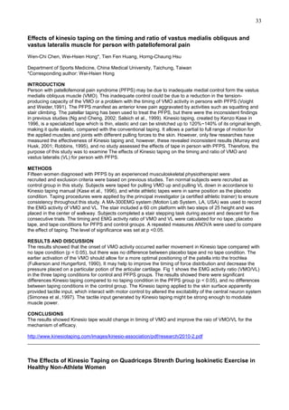 33
Effects of kinesio taping on the timing and ratio of vastus medialis obliquus and
vastus lateralis muscle for person with patellofemoral pain
Wen-Chi Chen, Wei-Hsien Hong*, Tien Fen Huang, Horng-Chaung Hsu
Department of Sports Medicine, China Medical University, Taichung, Taiwan
*Corresponding author: Wei-Hsien Hong
INTRODUCTION
Person with patellofemoral pain syndrome (PFPS) may be due to inadequate medial control form the vastus
medialis obliquus muscle (VMO). This inadequate control could be due to a reduction in the tensionproducing capacity of the VMO or a problem with the timing of VMO activity in persons with PFPS (Voight
and Weider,1991). The PFPS manifest as anterior knee pain aggravated by activities such as squatting and
stair climbing. The patellar taping has been used to treat the PFPS, but there were the inconsistent findings
in previous studies (Ng and Cheng, 2002; Salsich et al., 1999). Kinesio taping, created by Kenzo Kase in
1996, is a specialized tape which is thin, elastic and can be stretched up to 120%~140% of its original length,
making it quite elastic, compared with the conventional taping. It allows a partial to full range of motion for
the applied muscles and joints with different pulling forces to the skin. However, only few researches have
measured the effectiveness of Kinesio taping and, however, these revealed inconsistent results (Murray and
Husk, 2001; Robbins, 1995), and no study assessed the effects of tape in person with PFPS. Therefore, the
purpose of this study was to examine The effects of Kinesio taping on the timing and ratio of VMO and
vastus lateralis (VL) for person with PFPS.
METHODS
Fifteen women diagnosed with PFPS by an experienced musculoskeletal physiotherapist were
recruited and exclusion criteria were based on previous studies. Ten normal subjects were recruited as
control group in this study. Subjects were taped for pulling VMO up and pulling VL down in accordance to
Kinesio taping manual (Kase et al., 1996), and white athletic tapes were in same position as the placebo
condition. Taping procedures were applied by the principal investigator (a certified athletic trainer) to ensure
consistency throughout this study. A MA-300EMG system (Motion Lab System, LA, USA) was used to record
the EMG activity of VMO and VL. The stair included a 60 cm platform with two steps of 25 height and was
placed in the center of walkway. Subjects completed a stair stepping task during ascent and descent for five
consecutive trials. The timing and EMG activity ratio of VMO and VL were calculated for no tape, placebo
tape, and tape conditions for PFPS and control groups. A repeated measures ANOVA were used to compare
the effect of taping. The level of significance was set at p <0.05.
RESULTS AND DISCUSSION
The results showed that the onset of VMO activity occurred earlier movement in Kinesio tape compared with
no tape condition (p < 0.05), but there was no difference between placebo tape and no tape condition. The
earlier activation of the VMO should allow for a more optimal positioning of the patella into the trochlea
(Fulkerson and Hungerford, 1990). It may help to improve the timing of force distribution and decrease the
pressure placed on a particular potion of the articular cartilage. Fig 1 shows the EMG activity ratio (VMO/VL)
in the three taping conditions for control and PFPS groups. The results showed there were significant
differences Kinesio taping compared to no taping condition in the PFPS group (p < 0.05), and no differences
between taping conditions in the control group. The Kinesio taping applied to the skin surface apparently
provided tactile input, which interact with motor control by altered the excitability of the central neuron system
(Simonea et al.,1997). The tactile input generated by Kinesio taping might be strong enough to modulate
muscle power.
CONCLUSIONS
The results showed Kinesio tape would change in timing of VMO and improve the raio of VMO/VL for the
mechanism of efficacy.
http://www.kinesiotaping.com/images/kinesio-association/pdf/research/2010-2.pdf
______________________________________________________________________________________

The Effects of Kinesio Taping on Quadriceps Strenth During Isokinetic Exercise in
Healthy Non-Athlete Women

 