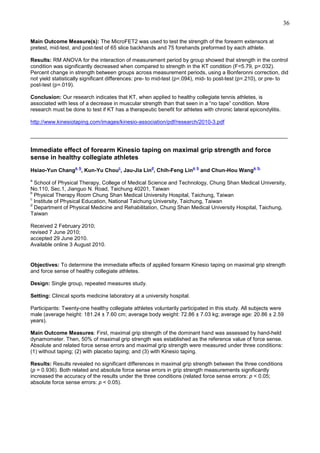 36
Main Outcome Measure(s): The MicroFET2 was used to test the strength of the forearm extensors at
pretest, mid-test, and post-test of 65 slice backhands and 75 forehands preformed by each athlete.
Results: RM ANOVA for the interaction of measurement period by group showed that strength in the control
condition was significantly decreased when compared to strength in the KT condition (F=5.79, p=.032).
Percent change in strength between groups across measurement periods, using a Bonferonni correction, did
not yield statistically significant differences: pre- to mid-test (p=.094), mid- to post-test (p=.210), or pre- to
post-test (p=.019).
Conclusion: Our research indicates that KT, when applied to healthy collegiate tennis athletes, is
associated with less of a decrease in muscular strength than that seen in a “no tape” condition. More
research must be done to test if KT has a therapeutic benefit for athletes with chronic lateral epicondylitis.
http://www.kinesiotaping.com/images/kinesio-association/pdf/research/2010-3.pdf
______________________________________________________________________________________

Immediate effect of forearm Kinesio taping on maximal grip strength and force
sense in healthy collegiate athletes
Hsiao-Yun Chang

a, b

c

d

, Kun-Yu Chou , Jau-Jia Lin , Chih-Feng Lin

a, b

and Chun-Hou Wang

a, b,

a

School of Physical Therapy, College of Medical Science and Technology, Chung Shan Medical University,
No.110, Sec.1, Jianguo N. Road, Taichung 40201, Taiwan
b
Physical Therapy Room Chung Shan Medical University Hospital, Taichung, Taiwan
c
Institute of Physical Education, National Taichung University, Taichung, Taiwan
d
Department of Physical Medicine and Rehabilitation, Chung Shan Medical University Hospital, Taichung,
Taiwan
Received 2 February 2010;
revised 7 June 2010;
accepted 29 June 2010.
Available online 3 August 2010.

Objectives: To determine the immediate effects of applied forearm Kinesio taping on maximal grip strength
and force sense of healthy collegiate athletes.
Design: Single group, repeated measures study.
Setting: Clinical sports medicine laboratory at a university hospital.
Participants: Twenty-one healthy collegiate athletes voluntarily participated in this study. All subjects were
male (average height: 181.24 ± 7.60 cm; average body weight: 72.86 ± 7.03 kg; average age: 20.86 ± 2.59
years).
Main Outcome Measures: First, maximal grip strength of the dominant hand was assessed by hand-held
dynamometer. Then, 50% of maximal grip strength was established as the reference value of force sense.
Absolute and related force sense errors and maximal grip strength were measured under three conditions:
(1) without taping; (2) with placebo taping; and (3) with Kinesio taping.
Results: Results revealed no significant differences in maximal grip strength between the three conditions
(p = 0.936). Both related and absolute force sense errors in grip strength measurements significantly
increased the accuracy of the results under the three conditions (related force sense errors: p < 0.05;
absolute force sense errors: p < 0.05).

 