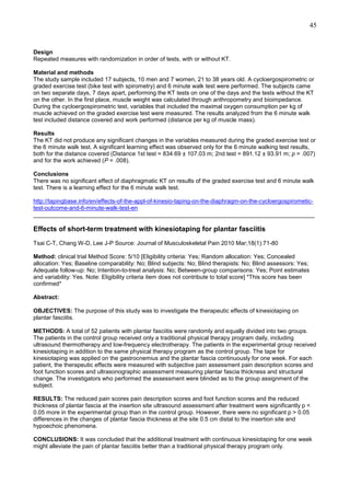 45

Design
Repeated measures with randomization in order of tests, with or without KT.
Material and methods
The study sample included 17 subjects, 10 men and 7 women, 21 to 38 years old. A cycloergospirometric or
graded exercise test (bike test with spirometry) and 6 minute walk test were performed. The subjects came
on two separate days, 7 days apart, performing the KT tests on one of the days and the tests without the KT
on the other. In the first place, muscle weight was calculated through anthropometry and bioimpedance.
During the cycloergospirometric test, variables that included the maximal oxygen consumption per kg of
muscle achieved on the graded exercise test were measured. The results analyzed from the 6 minute walk
test included distance covered and work performed (distance per kg of muscle mass).
Results
The KT did not produce any significant changes in the variables measured during the graded exercise test or
the 6 minute walk test. A significant learning effect was observed only for the 6 minute walking test results,
both for the distance covered (Distance 1st test = 834.69 ± 107.03 m; 2nd test = 891.12 ± 93.91 m; p = .007)
and for the work achieved (P = .008).
Conclusions
There was no significant effect of diaphragmatic KT on results of the graded exercise test and 6 minute walk
test. There is a learning effect for the 6 minute walk test.
http://tapingbase.info/en/effects-of-the-appl-of-kinesio-taping-on-the-diaphragm-on-the-cycloergospirometictest-outcome-and-6-minute-walk-test-en
______________________________________________________________________________________

Effects of short-term treatment with kinesiotaping for plantar fasciitis
Tsai C-T, Chang W-D, Lee J-P Source: Journal of Musculoskeletal Pain 2010 Mar;18(1):71-80
Method: clinical trial Method Score: 5/10 [Eligibility criteria: Yes; Random allocation: Yes; Concealed
allocation: Yes; Baseline comparability: No; Blind subjects: No; Blind therapists: No; Blind assessors: Yes;
Adequate follow-up: No; Intention-to-treat analysis: No; Between-group comparisons: Yes; Point estimates
and variability: Yes. Note: Eligibility criteria item does not contribute to total score] *This score has been
confirmed*
Abstract:
OBJECTIVES: The purpose of this study was to investigate the therapeutic effects of kinesiotaping on
plantar fasciitis.
METHODS: A total of 52 patients with plantar fasciitis were randomly and equally divided into two groups.
The patients in the control group received only a traditional physical therapy program daily, including
ultrasound thermotherapy and low-frequency electrotherapy. The patients in the experimental group received
kinesiotaping in addition to the same physical therapy program as the control group. The tape for
kinesiotaping was applied on the gastrocnemius and the plantar fascia continuously for one week. For each
patient, the therapeutic effects were measured with subjective pain assessment pain description scores and
foot function scores and ultrasonographic assessment measuring plantar fascia thickness and structural
change. The investigators who performed the assessment were blinded as to the group assignment of the
subject.
RESULTS: The reduced pain scores pain description scores and foot function scores and the reduced
thickness of plantar fascia at the insertion site ultrasound assessment after treatment were significantly p <
0.05 more in the experimental group than in the control group. However, there were no significant p > 0.05
differences in the changes of plantar fascia thickness at the site 0.5 cm distal to the insertion site and
hypoechoic phenomena.
CONCLUSIONS: It was concluded that the additional treatment with continuous kinesiotaping for one week
might alleviate the pain of plantar fasciitis better than a traditional physical therapy program only.

 