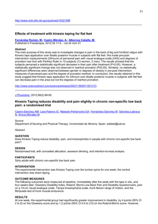 51
http://www.ncbi.nlm.nih.gov/pubmed/19321098
______________________________________________________________________________________

Effects of treatment with kinesio taping for flat feet
Fernández Román, M.; Castro Méndez, A.; Albornoz Cabello, M.
Published in Fisioterapia. 2012;34:11-5. - vol.34 núm 01
Abstract
The main purpose of this study was to investigate changes in pain in the back of leg and hindfoot valgus with
Kinesio tape application over tibialis posterior muscle in subjects with flat feet. We made pre-postintervention measurements (24hours) of perceived pain with visual analogue scale (VAS) and degrees of
pronation rear foot with Perthes Ruler in 15 subjects (13 women, 2 men). The results showed that the
subjects perceived a statistically significant decrease in their pain after treatment (P<0.05). However, a
statistically significant change was not observed in rearfoot pronation (P≥0.05). Similarly, no statistically
significant differences were observed between gender or degrees of obesity in pre-post intervention
measures of perceived pain and the degree of pronation rearfoot. In conclusion, the results obtained in this
study suggest that Kinesio tape application for 24hours over tibialis posterior muscle in subjects with flat feet
can decrease pain in the area but not the degrees of rearfoot pronation.
http://www.sciencedirect.com/science/article/pii/S0211563811001313
______________________________________________________________________________________
J Physiother. 2012;58(2):89-95.

Kinesio Taping reduces disability and pain slightly in chronic non-specific low back
pain: a randomised trial
Castro-Sánchez AM, Lara-Palomo IC, Matarán-Peñarrocha GA, Fernández-Sánchez M, Sánchez-Labraca
N, Arroyo-Morales M.
Source
Department of Nursing and Physical Therapy, Universidad de Almería, Spain. adelaid@ual.es
Abstract
QUESTION
Does Kinesio Taping reduce disability, pain, and kinesiophobia in people with chronic non-specific low back
pain?
DESIGN
Randomised trial, with concealed allocation, assessor blinding, and intention-to-treat analysis.
PARTICIPANTS
Sixty adults with chronic non-specific low back pain.
INTERVENTION
The experimental intervention was Kinesio Taping over the lumbar spine for one week; the control
intervention was sham taping.
OUTCOME MEASURES
The following outcomes were measured at baseline, immediately after the week with the tape in situ, and
four weeks later: Oswestry Disability Index, Roland- Morris Low Back Pain and Disability Questionnaire, pain
on a 10-cm visual analogue scale, Tampa kinesiophobia scale, trunk flexion range of motion, and the
McQuade test of trunk muscle endurance.
RESULTS
At one week, the experimental group had significantly greater improvement in disability, by 4 points (95% CI
2 to 6) on the Oswestry score and by 1.2 points (95% CI 0.4 to 2.0) on the Roland-Morris score. However,

 