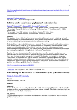 6
http://www.sportheart.ru/articles/the_use_of_elastic_adhesive_tape_to_promote_lymphatic_flow_in_the_rab
bit_hind_leg.pdf
______________________________________________________________________________________
Journal of Palliative Medicine
Volume 15, Issue 7, 1 July 2012, Pages 821-827

Palliative care for cancer-related lymphedema: A systematic review
a

bd

b

c

b

Beck, M. , Wanchai, A. , Stewart, B.R. , Cormier, J.N. , Armer, J.M.
a
Women's Health Breast Center Coordinator, Truman Medical Centers, Kansas City, MO, United States
b
University of Missouri Sinclair School of Nursing, 115 Business Loop 70 West, Columbia, MO 65203,
United States
c
University of Texas M.D. Anderson Cancer Center, Houston, TX, United States
d
Boromarajonani College of Nursing, Buddhachinaraj, Phitsanulok, Thailand
Abstract
Introduction: Cancer-related lymphedema management in palliative care remains a challenge for health
care professionals. We conducted a systematic review of the published literature related to the effectiveness
of cancer-related lymphedema management in the palliative care setting.
Methods: Eleven major medical databases were searched. Manuscripts were selected for articles published
from January 2004 to October 30, 2011, using search terms for lymphedema and palliative care. Eleven
articles were selected based on defined eligibility criteria for final review and were categorized as
lymphedema management in palliative care by topic experts. Articles were also rated for quality according to
®
the Oncology Nursing Society Putting Evidence into Practice classification.
Results: Five case studies were identified addressing closed-controlled subcutaneous drainage; one
retrospective study on manual lymphatic drainage (MLD); two case studies on compression therapy; and
three case studies on complete decongestive therapy (CDT). All studies were rated in the category of
"effectiveness not established" due to study limitations in design and sample size. Few studies included
objective measures of outcomes, and there were no randomized controlled trials. There is a need for larger,
well-designed research studies to test the effectiveness of management of cancer-related lymphedema in
palliative care. © Copyright 2012, Mary Ann Liebert, Inc.
http://www.ncbi.nlm.nih.gov/pubmed/22662959
______________________________________________________________________________________
J Athl Train. 2012;47(6):635-42. doi: 10.4085/1062-6050-47.5.15.

Kinesio taping and the circulation and endurance ratio of the gastrocnemius muscle
Stedge HL, Kroskie RM, Docherty CL.
Source
Cedarville University, OH, USA.
Abstract
CONTEXT:
Kinesio Tex tape is a therapeutic tape that is applied with the Kinesio-taping (KT) method and is theorized to
increase circulation and subsequently improve muscle function. However, little research has been conducted
to determine how KT affects performance.
OBJECTIVE:
To determine the effect of KT on muscular endurance ratio, blood flow, circumference, and volume of the
gastrocnemius muscle.

 