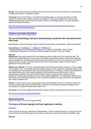61
Results: The results show that kinesiology taping of the primary and accessory respiratory muscles caused
no significant increase in respiratory strength.
Conclusion: The current findings on the effect of kinesiology taping on muscular strength do not fully
support the results of other studies reported in the literature. These results suggest the need for more
comprehensive studies of both acute and long-term effects of kinesiology taping on muscular strength of
healthy individuals and patients.
http://www.kinesiotaping.co.uk/research/casestudies/2012-06-27-The-Effect-of-Kinesio-Taping-onRespiratory-Muscle-Strength/index.jsp
______________________________________________________________________________________
Ortopedia Traumatologia Rehabilitacja
Volume 14, Issue 1, 2012, Pages 23-30

The use of Kinesiology Taping for physiotherapy of patients with rheumatoid hand Pilot study
[Zastosowanie metody Kinesiology Taping w fizjoterapii re{ogonek}ki reumatoidalnej - Badanie pilotaŜowe]
a

ab

a

a

Szczegielniak, J. , Łuniewski, J. , Bogacz, K. , Śliwiński, Z.
a
Physical Education and Physiotherapy Department, University of Technology, Opole, Poland
b
Rehabilitation Department, Pulmonary and Rheumatological Hospital in Kup, Kup, Poland
Abstract
Background. Rheumatoid arthritis (RA) most frequently affects smaller joints in the hands and feet. The
most common deformities seen in the course of the disease include ulnar deviation, Boutonniere deformity,
swan neck deformity, contractures and limited range of movement in the hand and wrist joints, and atrophy
of long and short muscles. This article discusses the effect of Kinesiology Taping on hand function in
patients with rheumatoid arthritis.
Material and methods. The study involved 20 patients with rheumatoid arthritis (16 women, 4 men), treated
in the Hospital in Kup. The average age of the patients was 62.2 years. Apart from medication therapy at the
rheumatology ward, the patients received standard physiotherapy. In 10 patients, K-Active Tape applications
were additionally used to correct ulnar positioning of the hand and improve hand function. Prior to
physiotherapy, all patients were given a hand function test and a dynamometer measurement was
conducted. The tests were repeated at the end of the 2-week rehabilitation. The results were analysed with
the Wilcoxon test and the Mann-Whitney U test. Correlations between the study parameters were assessed
with a linear correlation test.
Results. In the KT group, hand muscle strength increased significantly (p<0.05) in comparison with the SFonly group (treated with standard physiotherapy). The hand muscle strength increase correlated with the
time needed to complete the hand function test (r>0.8).
Conclusion. The results suggest that Kinesiology Taping is useful for physiotherapy of the rheumatoid hand.
http://www.ncbi.nlm.nih.gov/pubmed/22388357
______________________________________________________________________________________
Rigakuryoho Kagaku
Volume 27, Issue 2, June 2012, Pages 239-245

The theory of Kinesio taping® and basic application methods
Yoshida, K.
Course of Physical Therapy, Department of Rehabilitation, Faculty of Health Sciences, University of Human
Arts and Science, 354-3 Shinsyouji Kuruwa, Ota-aza, Iwatsuki-ku, Saitama-shi, Saitama 339-8555, Japan
Abstract

 