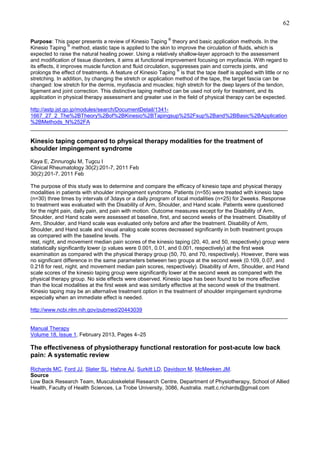 62
®

Purpose: This paper presents a review of Kinesio Taping theory and basic application methods. In the
®
Kinesio Taping method, elastic tape is applied to the skin to improve the circulation of fluids, which is
expected to raise the natural healing power. Using a relatively shallow-layer approach to the assessment
and modification of tissue disorders, it aims at functional improvement focusing on myofascia. With regard to
its effects, it improves muscle function and fluid circulation, suppresses pain and corrects joints, and
®
prolongs the effect of treatments. A feature of Kinesio Taping is that the tape itself is applied with little or no
stretching. In addition, by changing the stretch or application method of the tape, the target fascia can be
changed: low stretch for the dermis, myofascia and muscles; high stretch for the deep layers of the tendon,
ligament and joint correction. This distinctive taping method can be used not only for treatment, and its
application in physical therapy assessment and greater use in the field of physical therapy can be expected.
http://astp.jst.go.jp/modules/search/DocumentDetail/13411667_27_2_The%2BTheory%2Bof%2BKinesio%2BTapingsup%252Fsup%2Band%2BBasic%2BApplication
%2BMethods_N%252FA
______________________________________________________________________________________

Kinesio taping compared to physical therapy modalities for the treatment of
shoulder impingement syndrome
Kaya E, Zinnuroglu M, Tugcu I
Clinical Rheumatology 30(2):201-7, 2011 Feb
30(2):201-7, 2011 Feb
The purpose of this study was to determine and compare the efficacy of kinesio tape and physical therapy
modalities in patients with shoulder impingement syndrome. Patients (n=55) were treated with kinesio tape
(n=30) three times by intervals of 3days or a daily program of local modalities (n=25) for 2weeks. Response
to treatment was evaluated with the Disability of Arm, Shoulder, and Hand scale. Patients were questioned
for the night pain, daily pain, and pain with motion. Outcome measures except for the Disability of Arm,
Shoulder, and Hand scale were assessed at baseline, first, and second weeks of the treatment. Disability of
Arm, Shoulder, and Hand scale was evaluated only before and after the treatment. Disability of Arm,
Shoulder, and Hand scale and visual analog scale scores decreased significantly in both treatment groups
as compared with the baseline levels. The
rest, night, and movement median pain scores of the kinesio taping (20, 40, and 50, respectively) group were
statistically significantly lower (p values were 0.001, 0.01, and 0.001, respectively) at the first week
examination as compared with the physical therapy group (50, 70, and 70, respectively). However, there was
no significant difference in the same parameters between two groups at the second week (0.109, 0.07, and
0.218 for rest, night, and movement median pain scores, respectively). Disability of Arm, Shoulder, and Hand
scale scores of the kinesio taping group were significantly lower at the second week as compared with the
physical therapy group. No side effects were observed. Kinesio tape has been found to be more effective
than the local modalities at the first week and was similarly effective at the second week of the treatment.
Kinesio taping may be an alternative treatment option in the treatment of shoulder impingement syndrome
especially when an immediate effect is needed.
http://www.ncbi.nlm.nih.gov/pubmed/20443039
______________________________________________________________________________________
Manual Therapy
Volume 18, Issue 1, February 2013, Pages 4–25

The effectiveness of physiotherapy functional restoration for post-acute low back
pain: A systematic review
Richards MC, Ford JJ, Slater SL, Hahne AJ, Surkitt LD, Davidson M, McMeeken JM.
Source
Low Back Research Team, Musculoskeletal Research Centre, Department of Physiotherapy, School of Allied
Health, Faculty of Health Sciences, La Trobe University, 3086, Australia. matt.c.richards@gmail.com

 