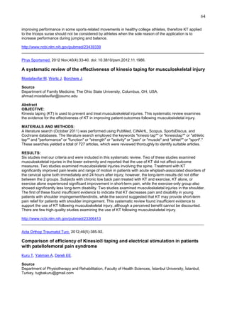 64
improving performance in some sports-related movements in healthy college athletes, therefore KT applied
to the triceps surae should not be considered by athletes when the sole reason of the application is to
increase performance during jumping and balance.
http://www.ncbi.nlm.nih.gov/pubmed/23439339
______________________________________________________________________________________
Phys Sportsmed. 2012 Nov;40(4):33-40. doi: 10.3810/psm.2012.11.1986.

A systematic review of the effectiveness of kinesio taping for musculoskeletal injury
Mostafavifar M, Wertz J, Borchers J.
Source
Department of Family Medicine, The Ohio State University, Columbus, OH, USA.
ahmad.mostafavifar@osumc.edu
Abstract
OBJECTIVE:
Kinesio taping (KT) is used to prevent and treat musculoskeletal injuries. This systematic review examines
the evidence for the effectiveness of KT in improving patient outcomes following musculoskeletal injury.
MATERIALS AND METHODS:
A literature search (October 2011) was performed using PubMed, CINAHL, Scopus, SportsDiscus, and
Cochrane databases. The literature search employed the keywords "kinesio tap*" or "kinesiotap*" or "athletic
tap*" and "performance" or "function" or "strength" or "activity" or "pain" or "muscle" and "athlet*" or "sport*."
These searches yielded a total of 727 articles, which were reviewed thoroughly to identify suitable articles.
RESULTS:
Six studies met our criteria and were included in this systematic review. Two of these studies examined
musculoskeletal injuries in the lower extremity and reported that the use of KT did not affect outcome
measures. Two studies examined musculoskeletal injuries involving the spine. Treatment with KT
significantly improved pain levels and range of motion in patients with acute whiplash-associated disorders of
the cervical spine both immediately and 24 hours after injury; however, the long-term results did not differ
between the 2 groups. Subjects with chronic low back pain treated with KT and exercise, KT alone, or
exercise alone experienced significant improvement in short-term pain, while the exercise-only group also
showed significantly less long-term disability. Two studies examined musculoskeletal injuries in the shoulder.
The first of these found insufficient evidence to indicate that KT decreases pain and disability in young
patients with shoulder impingement/tendinitis, while the second suggested that KT may provide short-term
pain relief for patients with shoulder impingement. This systematic review found insufficient evidence to
support the use of KT following musculoskeletal injury, although a perceived benefit cannot be discounted.
There are few high-quality studies examining the use of KT following musculoskeletal injury.
http://www.ncbi.nlm.nih.gov/pubmed/23306413
______________________________________________________________________________________
Acta Orthop Traumatol Turc. 2012;46(5):385-92.

Comparison of efficiency of Kinesio® taping and electrical stimulation in patients
with patellofemoral pain syndrome
Kuru T, Yalıman A, Dereli EE.
Source
Department of Physiotherapy and Rehabilitation, Faculty of Health Sciences, Đstanbul University, Đstanbul,
Turkey. tugbakuru@gmail.com

 