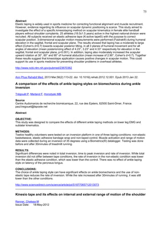 75
Abstract
Elastic taping is widely used in sports medicine for correcting functional alignment and muscle recruitment.
However, evidence regarding its influence on scapular dynamic positioning is scarce. This study aimed to
investigate the effect of a specific kinesiotaping method on scapular kinematics in female elite handball
players without shoulder complaints. 25 athletes (18.0±1.5 years) active in the highest national division were
recruited. All subjects received an elastic adhesive tape (K-active tape©) with the purpose to correct
scapular position. 3-dimensional scapular motion measurements were performed (Fastrak®) during humeral
elevation in the sagittal, frontal and scapular plane. The results showed that taping has a moderate to large
effect (Cohen's d>0.7) towards scapular posterior tilting, in all 3 planes of humeral movement and for all
angles of elevation (mean posteriorizing effect of 4.23°, 3.23° and 4.33° respectively for elevation in the
sagittal, frontal and scapular plane, p<0.001). In addition, taping also moderately increased the scapular
upward rotation at 30°, 60° and 90° of humeral abduction (mean increase of 2.90°, Cohen's d>0.7). Together
these results suggest that kinesiotape application causes positive changes in scapular motion. This could
support its use in sports medicine for preventing shoulder problems in overhead athletes.
http://www.ncbi.nlm.nih.gov/pubmed/23670362
______________________________________________________________________________________
Ann Phys Rehabil Med. 2013 Mar;56(2):113-22. doi: 10.1016/j.rehab.2012.12.001. Epub 2013 Jan 22.

A comparison of the effects of ankle taping styles on biomechanics during ankle
inversion
Trégouët P, Merland F, Horodyski MB.
Source
Centre Audomarois de recherche biomécanique, 22, rue des Epéers, 62500 Saint-Omer, France.
paul.tregouet@laposte.net
Abstract
OBJECTIVE:
This study was designed to compare the effects of different ankle taping methods on lower leg EMG and
subtalar kinematics.
METHODS:
Twelve healthy volunteers were tested on an inversion platform in one of three taping conditions: non-elastic
basketweave, elastic adhesive bandage wrap and non-taped control. Muscle activation and range of motion
data were collected during an inversion of 35 degrees using a Biometrics(®) datalogger. Testing was done
before and after 30minutes of treadmill running.
RESULTS:
Significant differences were noted in total inversion, time to peak inversion and rate of inversion. While total
inversion did not differ between tape conditions, the rate of inversion in the non-elastic condition was lower
than the elastic adhesive condition, which was lower than the control. There was no effect of ankle taping
style on latency of the peroneus longus.
CONCLUSIONS:
The choice of ankle taping style can have significant effects on ankle biomechanics and the use of nonelastic tape reduces the rate of inversion. While the rate increased after 30minutes of running, it was still
lower than the other conditions.
http://www.sciencedirect.com/science/article/pii/S1877065712013073
______________________________________________________________________________________

Kinesio tape and its effects on internal and external range of motion of the shoulder
Renner, Chelsea M
Issue Date: 18-May-2012

 